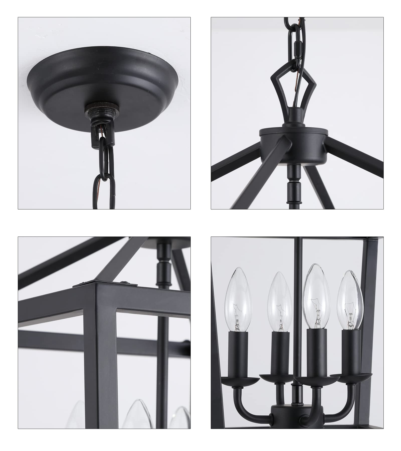 AMZASA Rustic Black Lantern Chandelier - 4-Light Fixture for Kitchen, Dining Room, Entryway - L17.5"xW11.81"xH65.9" - UL Listed