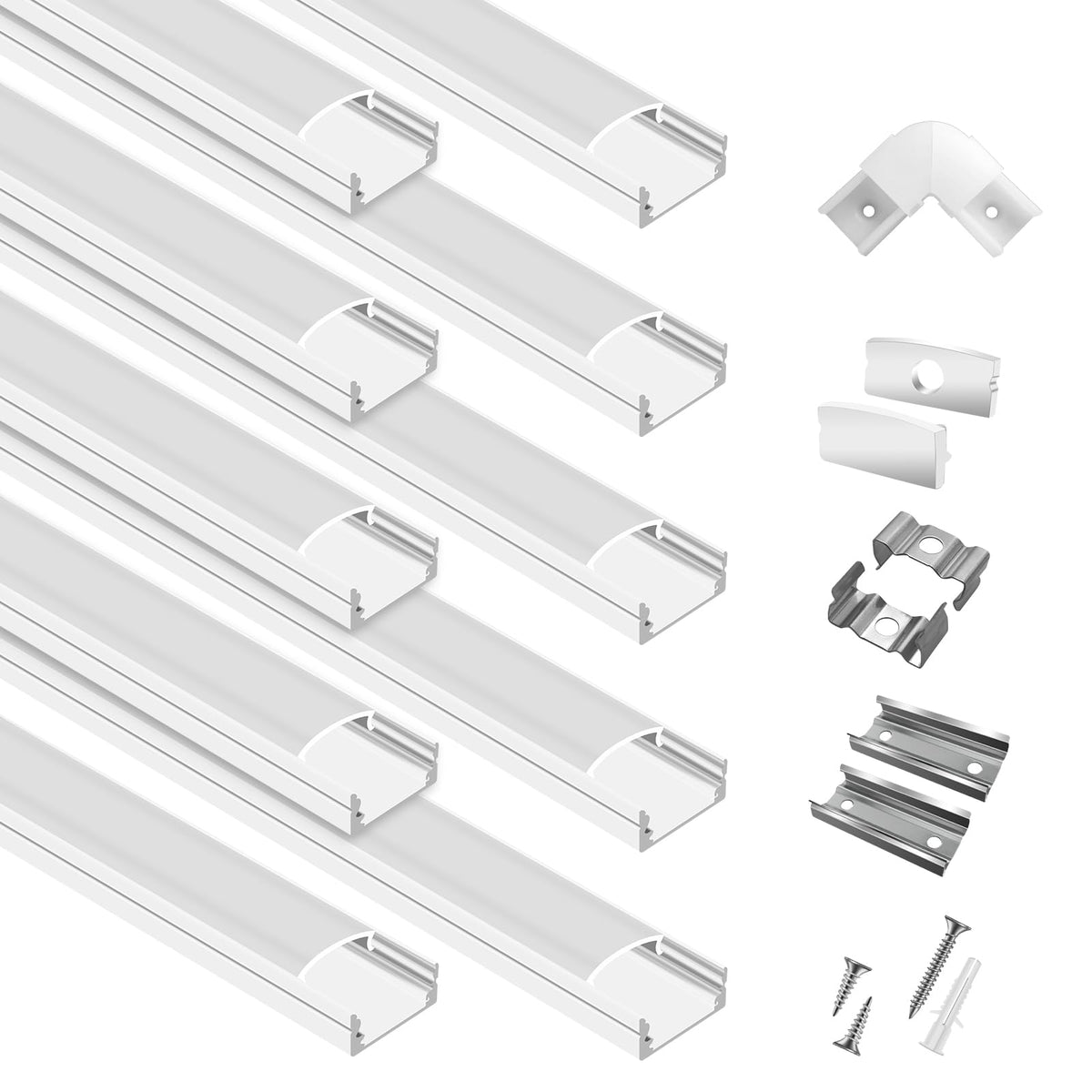 10-Pack 6.6ft/2Meter U Shape White LED Aluminum Channel System with Milky Cover, End Caps and Mounting Clips, Aluminum Channel P