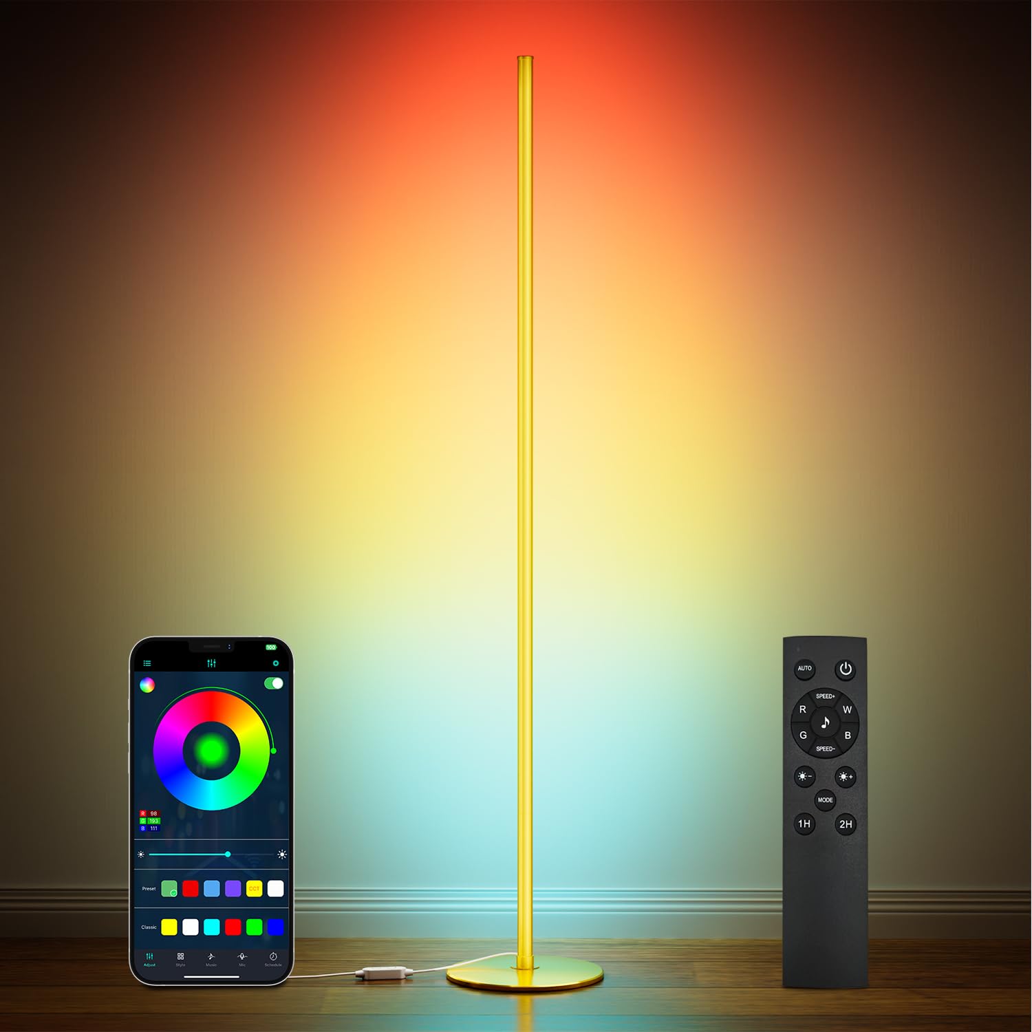 Luckystyle Smart Rgb Corner Floor Lamp Bright Led Tall Modern Floor Lamp With App And Remote Ambient Lighting Color Changing Standing Lamps With Music Mode And Timing For Living Room Bedroom Gold