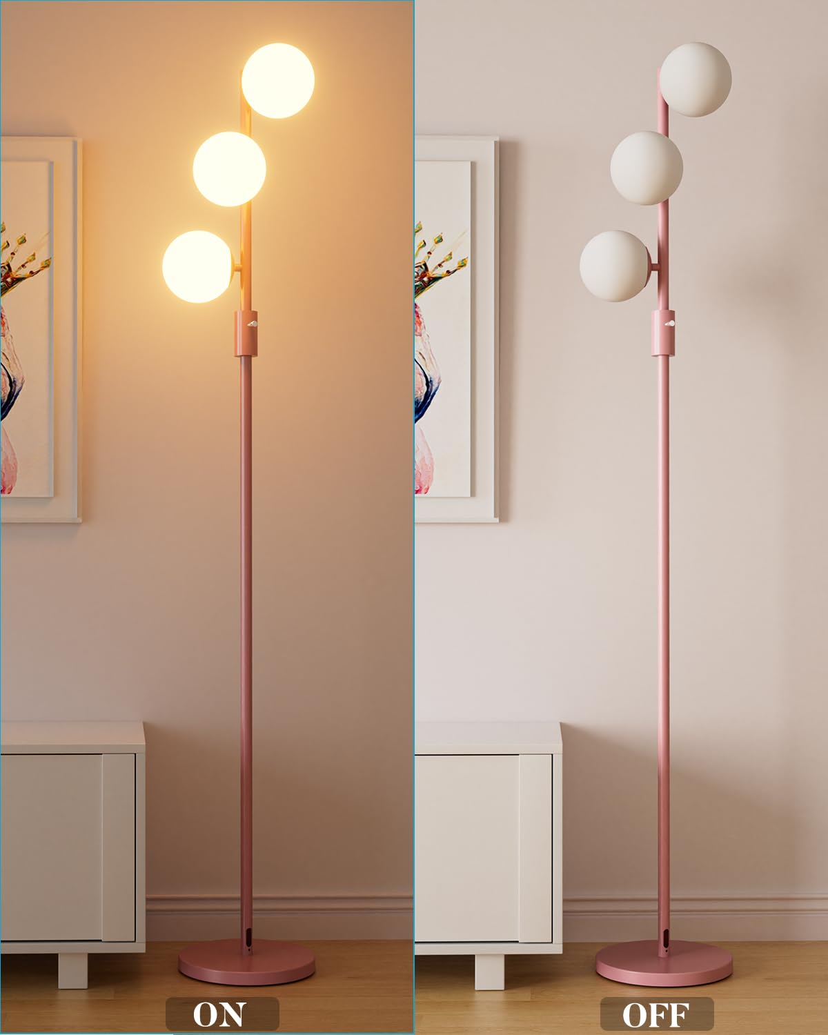Acohook 64In Dimmable Pink Floor Lamp, Tall Standing Lamps With 3 Globe Soft Warm White Eye Care 3000K G9 Bulbs, Mid Century Mod