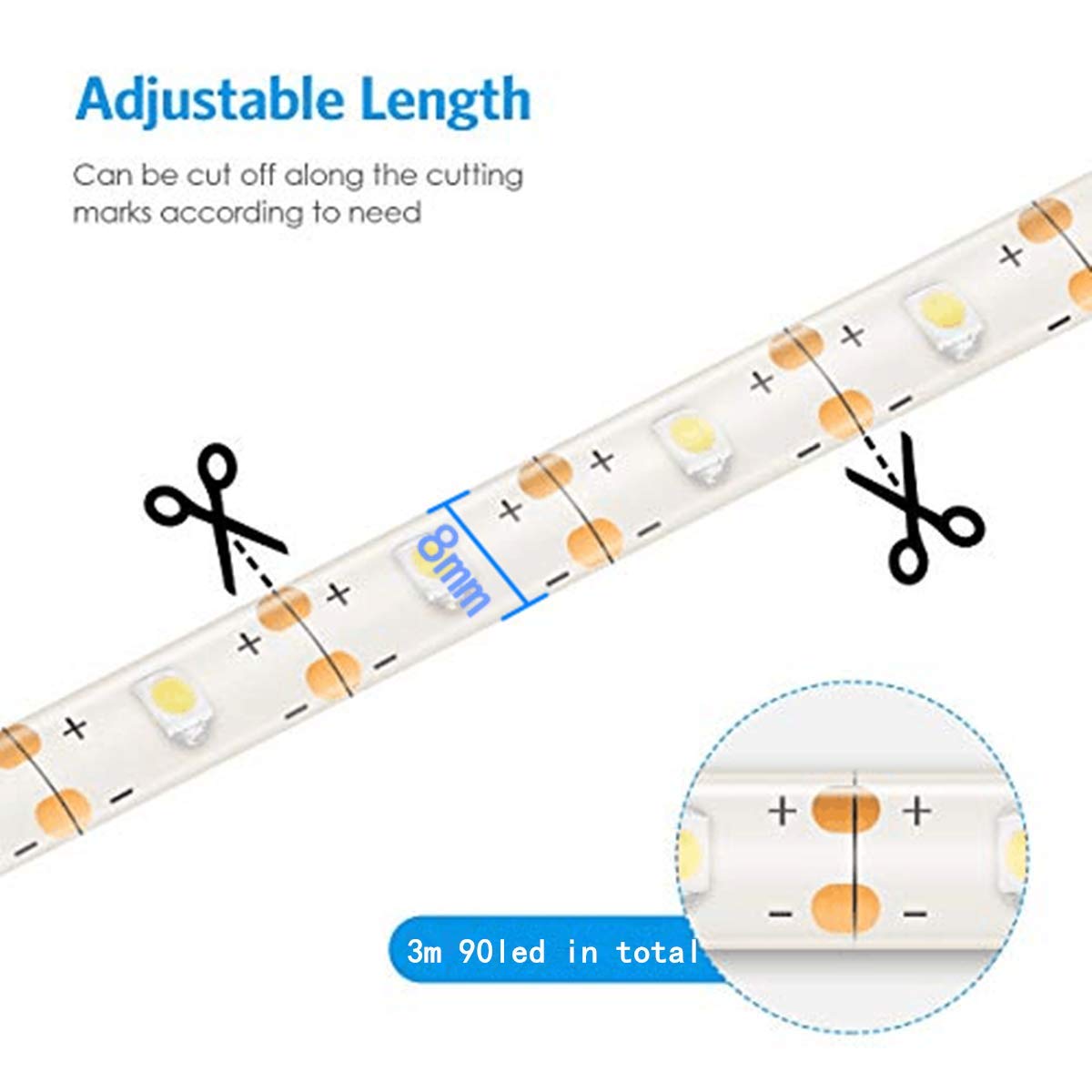 Echosari 9.8Ft 90Led Rgb Strip Lights Battery Powered Remote Control, 8 Modes, Dimmable, Timer, Self-Adhesive, Cuttable, Waterpr