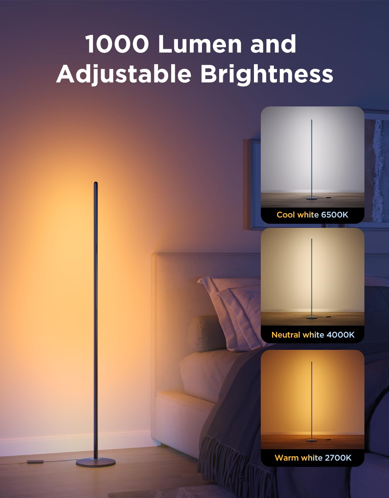 Govee RGBIC Floor Lamp - Smart LED Corner Lamp with Music Sync, 16M Colors, Black, Model H6076