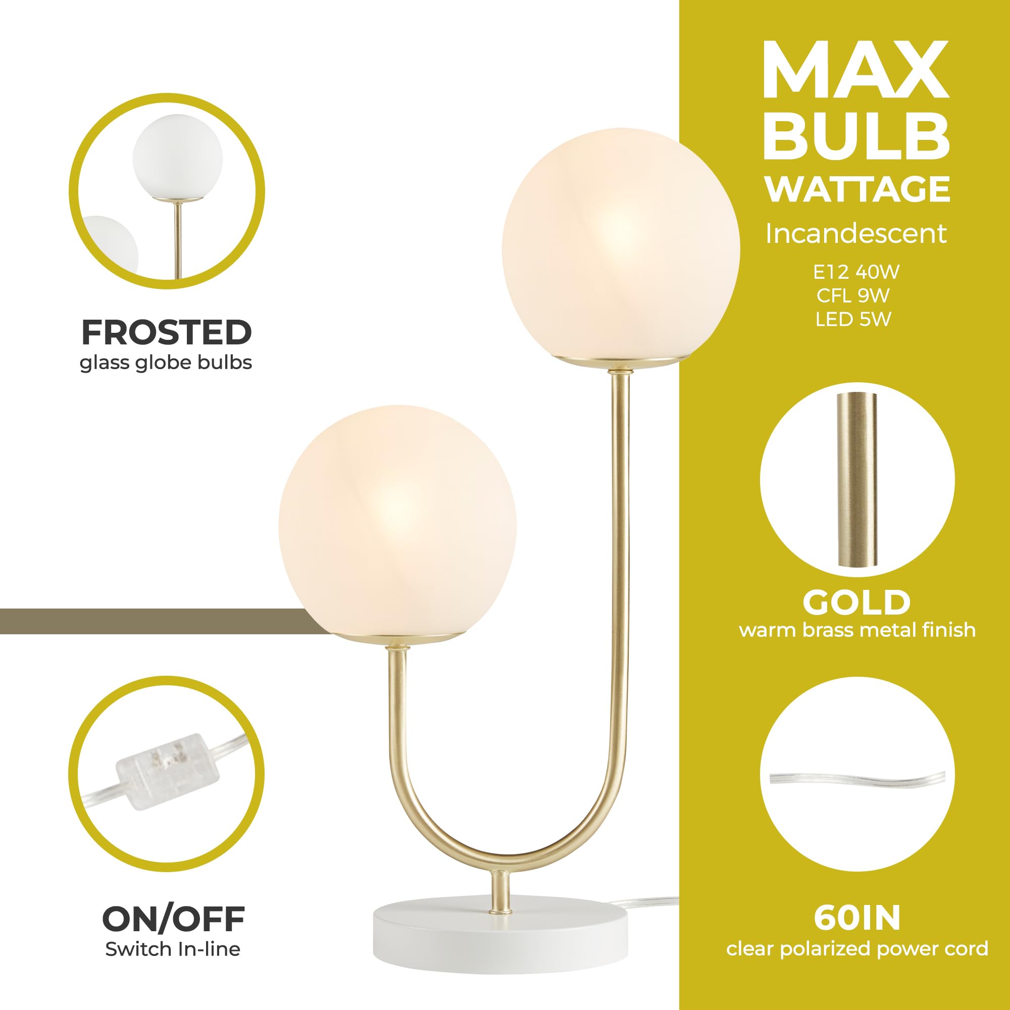 510 Design Table Lamp For Bedroom - Metal Gold Nightstand Lamp, Frosted Glass Globes Modern Bedside Lamp W/White Base, Clear Polarized Cord & In Line Switch, Accent Lamp Decor, 20&quot; H Gold/White