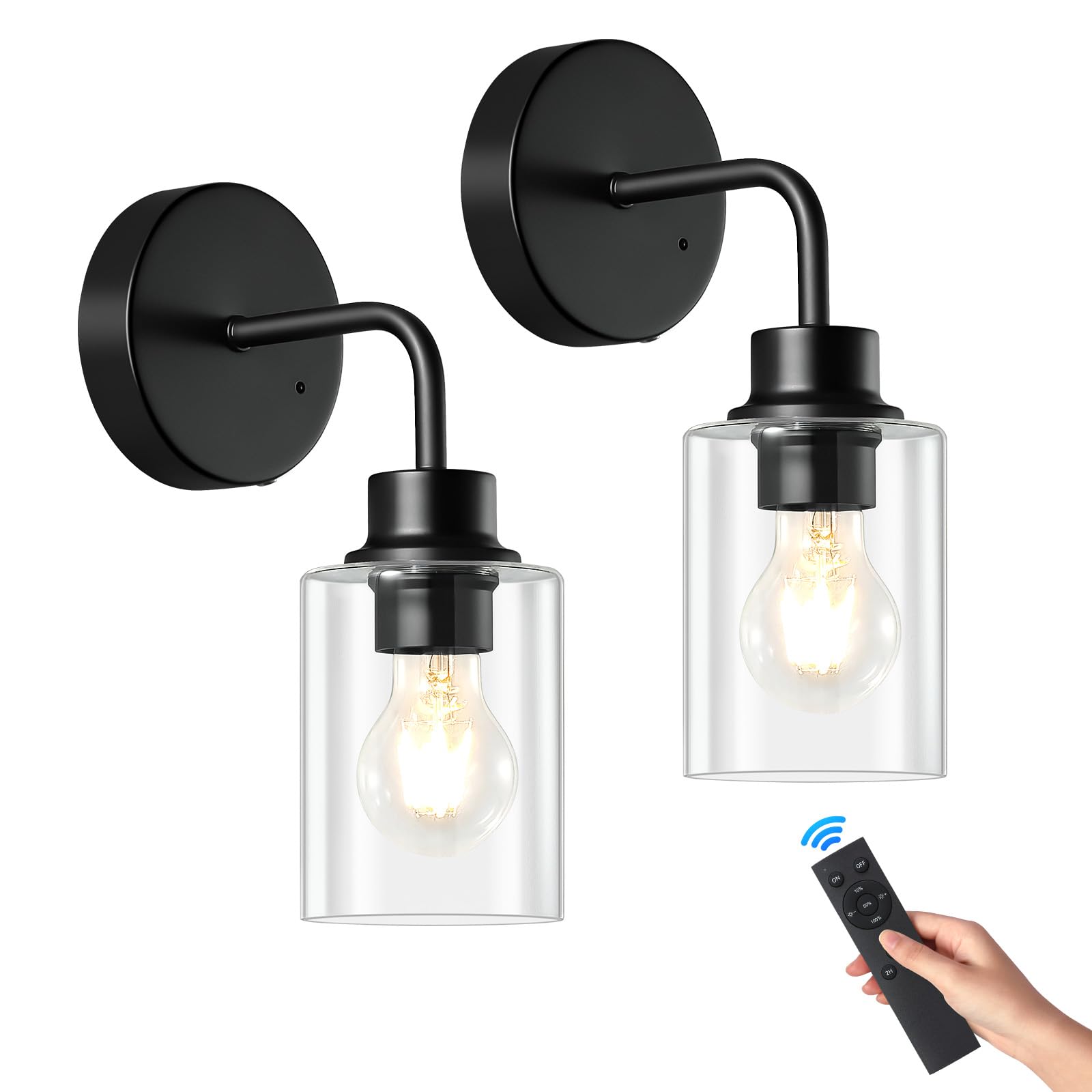 Epinl Battery Operated Wall Sconce Set of 2, Dimmable Wireless Lamps, Rechargeable, Black, Model 8210