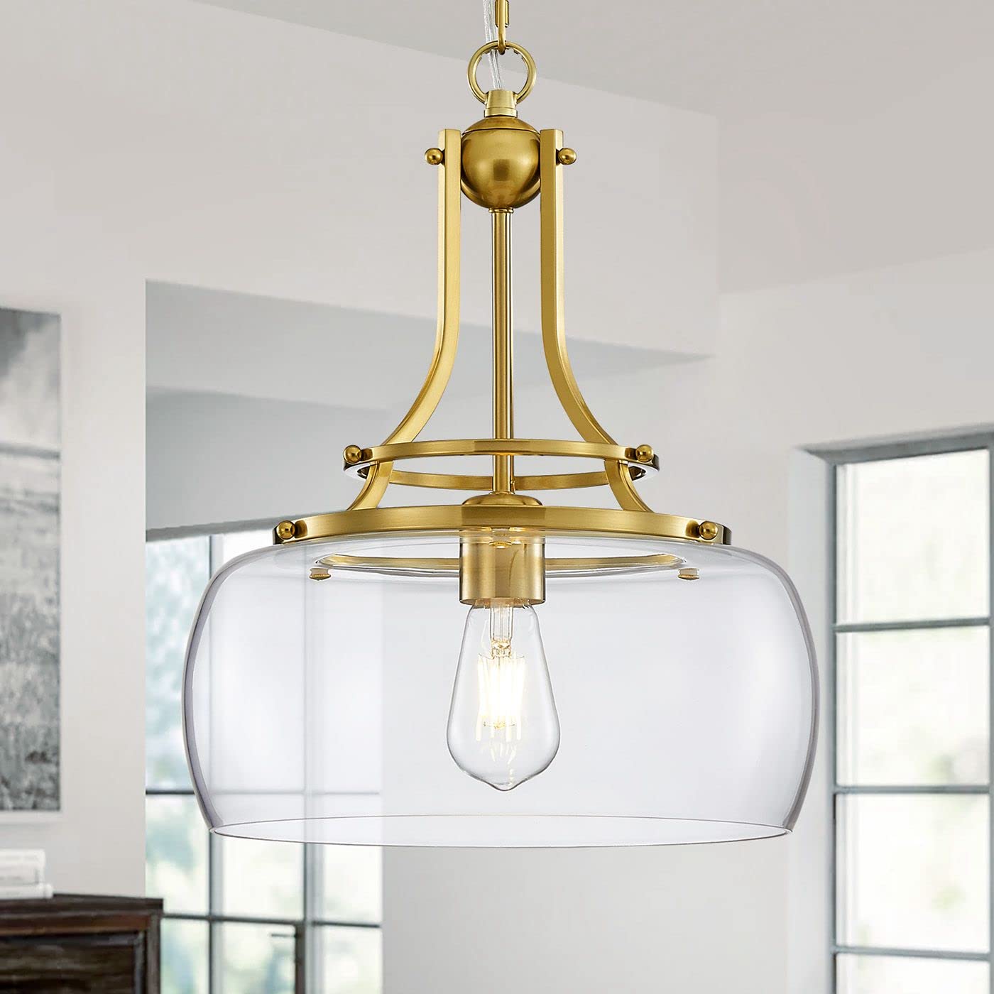 Wuzups Rustic Farmhouse Chandelier Pendant Light, Brushed Gold, Led, Clear Glass Shades, 17&quot;X13.4&quot;