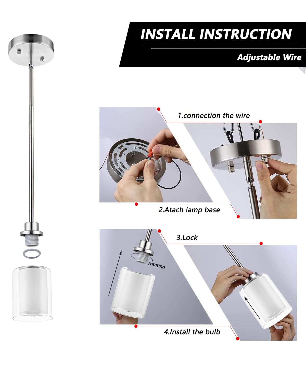 Eidonta 1-Light Mini Pendant Light Fixtures, 2-Pack Modern Hanging Ceiling Light, Adjustable Height, Brushed Nickel Pendant Ligh