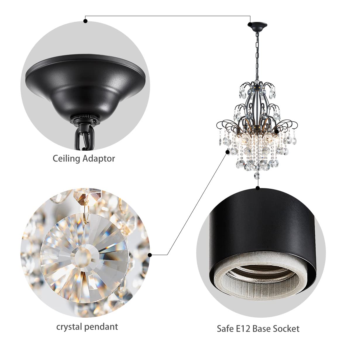 Wuzups 5-Light Black Crystal Chandelier Pendant Light For Bedroom, Kitchen, Bar, H22.6&quot; W19.2