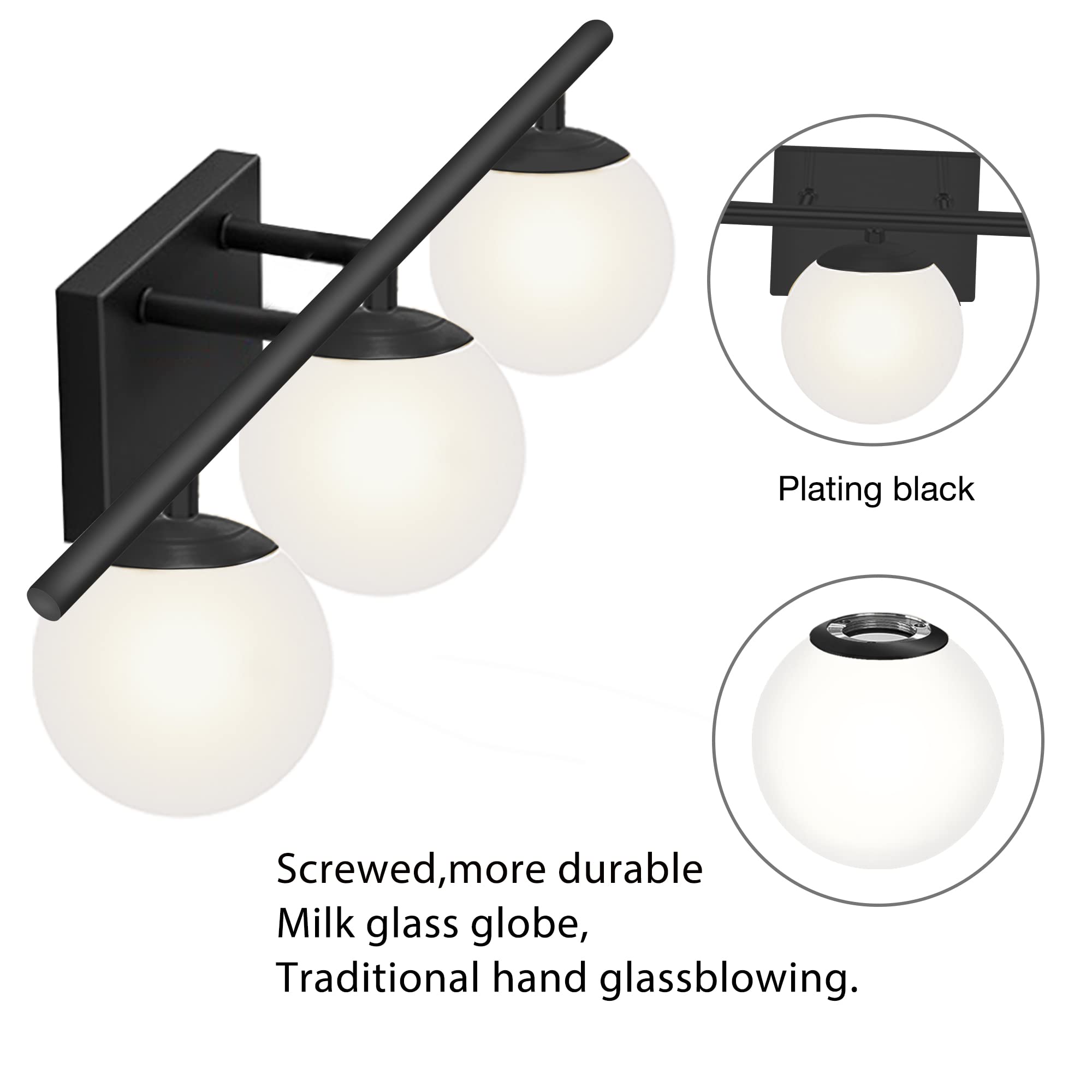 YHTlaeh Bathroom Vanity Light Fixture, Brushed Bronze, 3-Light, 24-Inch, G9, Milk White Globe Glass Shade, Modern Wall Sconce, Black