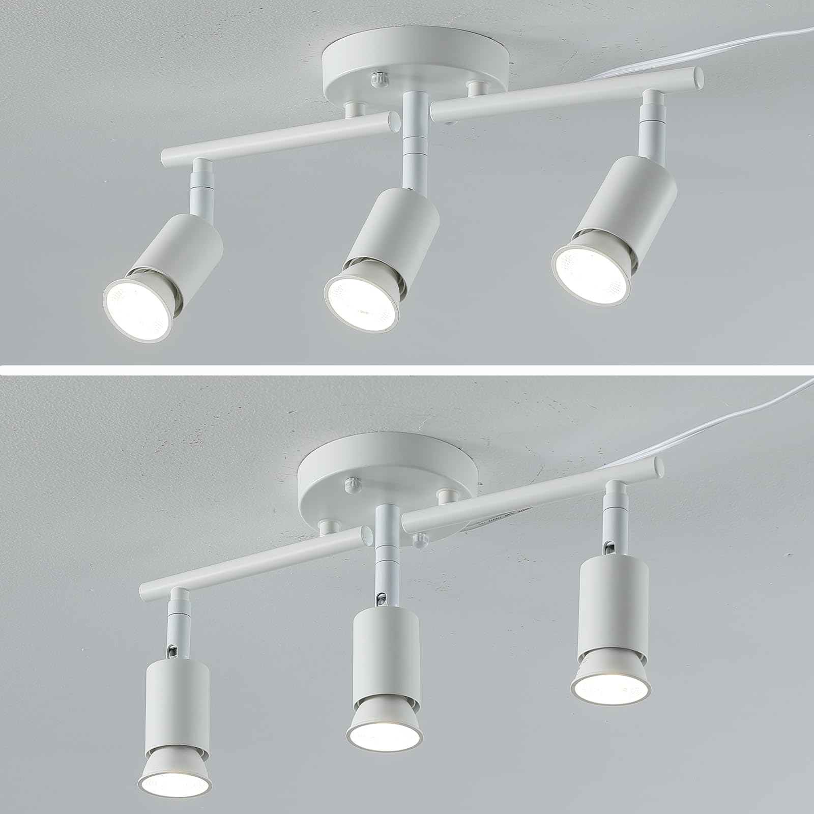 Vivihobb Plug In Track Light White 3 Light Plug In Ceiling Lighting Fixture With 16.4 Long Cord 3 Way Ceiling Spotlight Rotatable Wall Mount Light Head