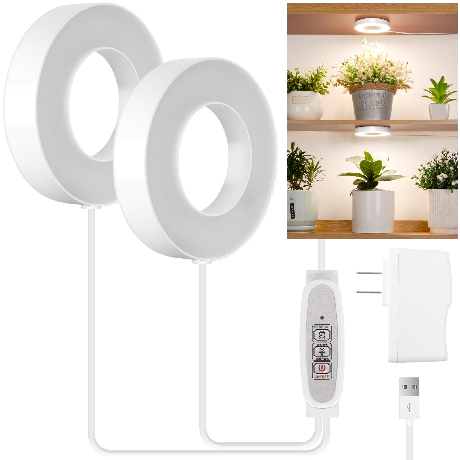 Lordem Ceiling Grow Light For Indoor Plants, 96 Leds Full Spectrum Led Plant Light, 5V Plant Lamp With 4/8/12H Auto Switch, 4 Dimmable Brightness Levels, Ideal For Small Plants, Dual Head, Corded