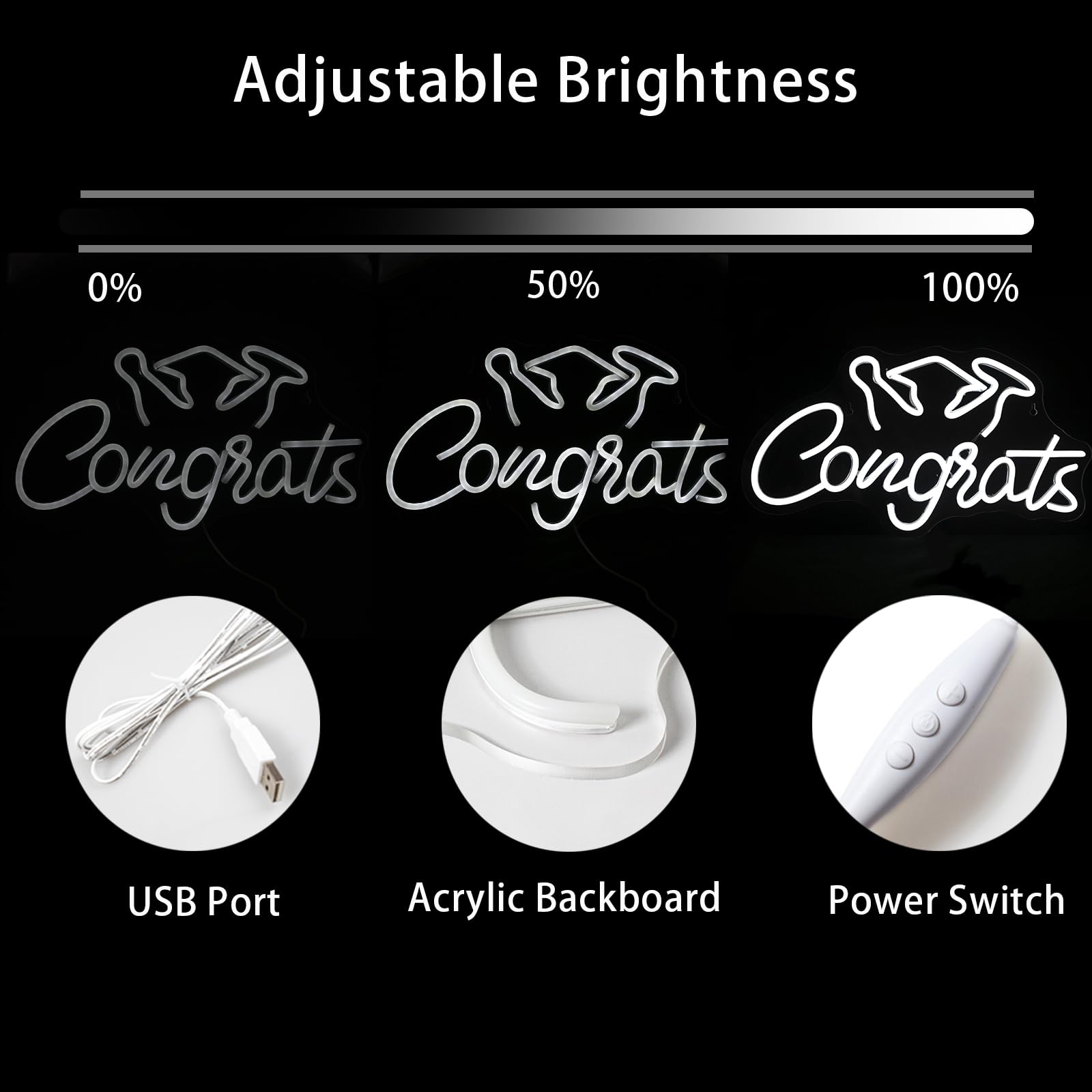 Congrats Grad Neon Sign Graduation Party Neon Signs for Wall Decor USB Powered White Led Neon Lights Class of 2024 Party Backdro