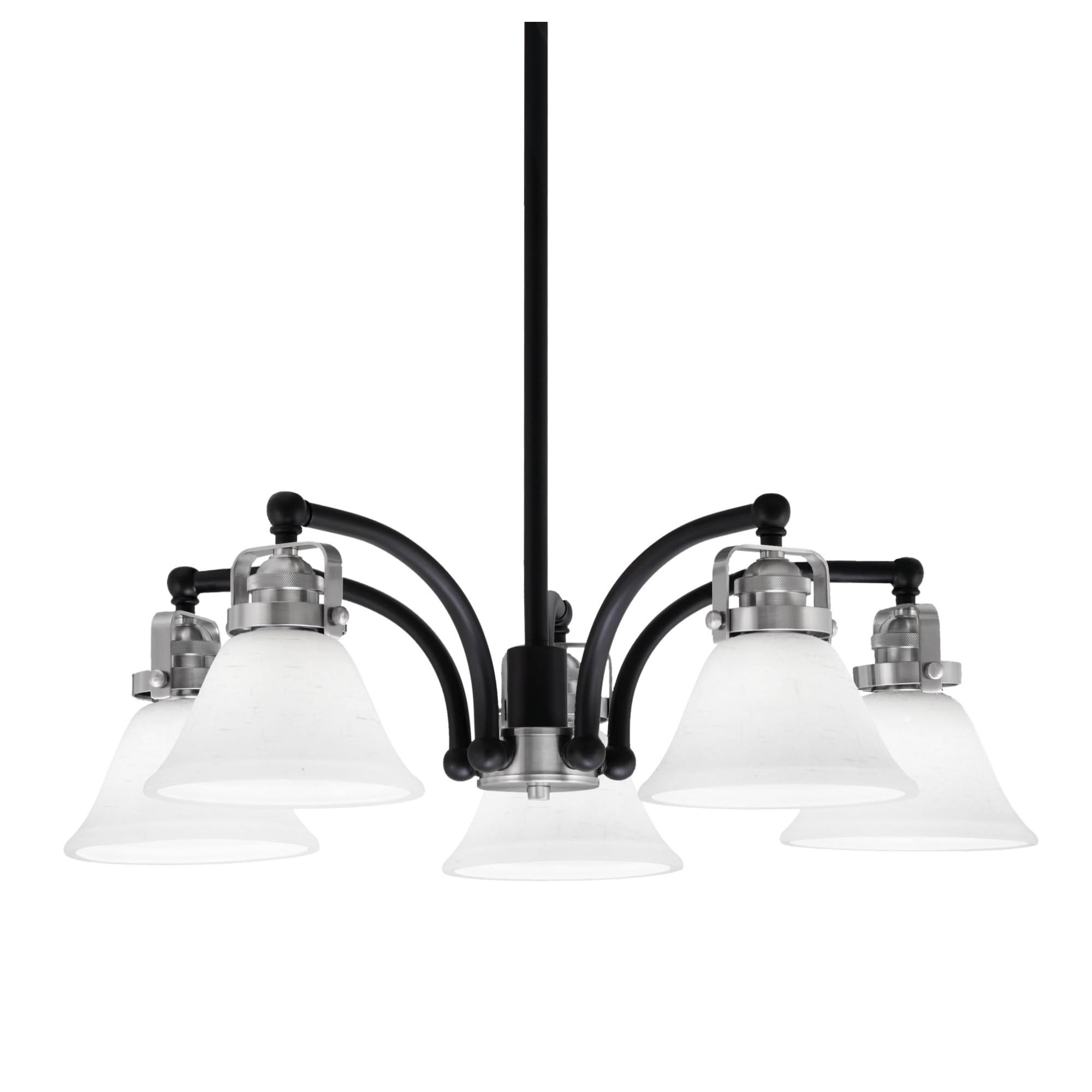 Easton Downlight, 5 Light, Chandelier Shown In Matte Black & Brushed Nickel Finish With 7&quot; White Muslin Glass