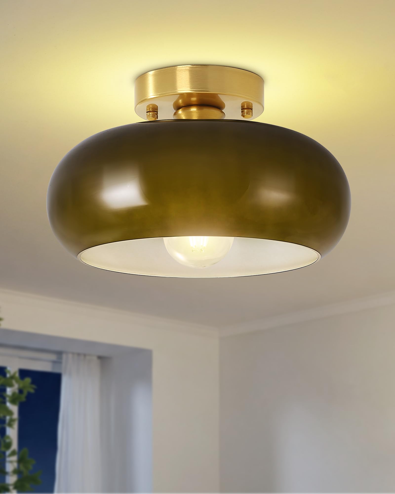 Yunnix Semi Flush Mount Ceiling Light  Gold Light Fixture  Mid-Century Modern Farmhouse Green Glass Small Light Fixtures for Hallway  Bathroom  Kitchen  Bedroom  Living Room  Closet  Laundry(11 Inch)