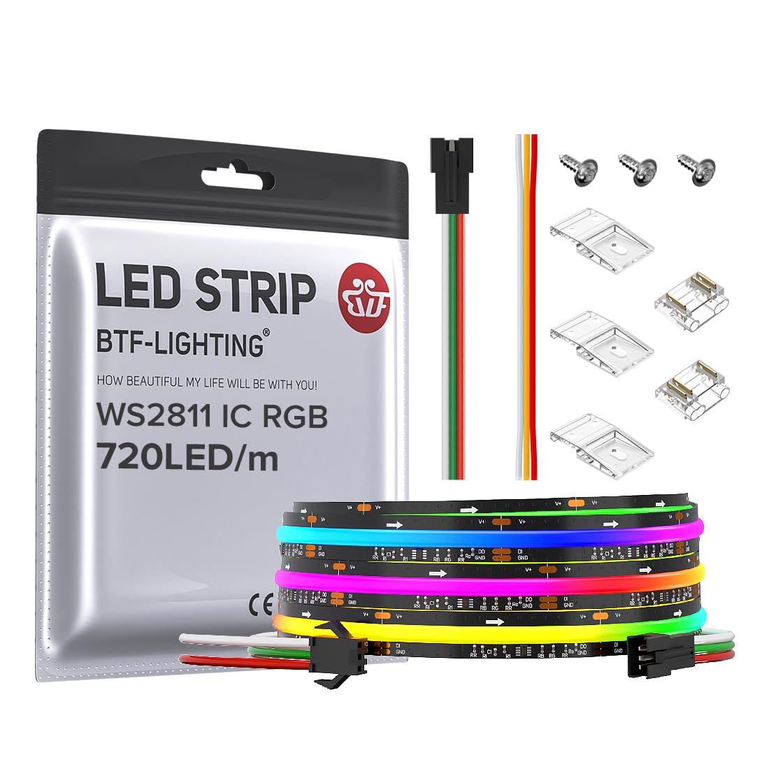 BTF-LIGHTING FCOB WS2811 IC RGB COB LED Strip DC24V 720LED/m 9.8FT Flexible High Density Uniform Chasing Color Light 20IC/m 12mm