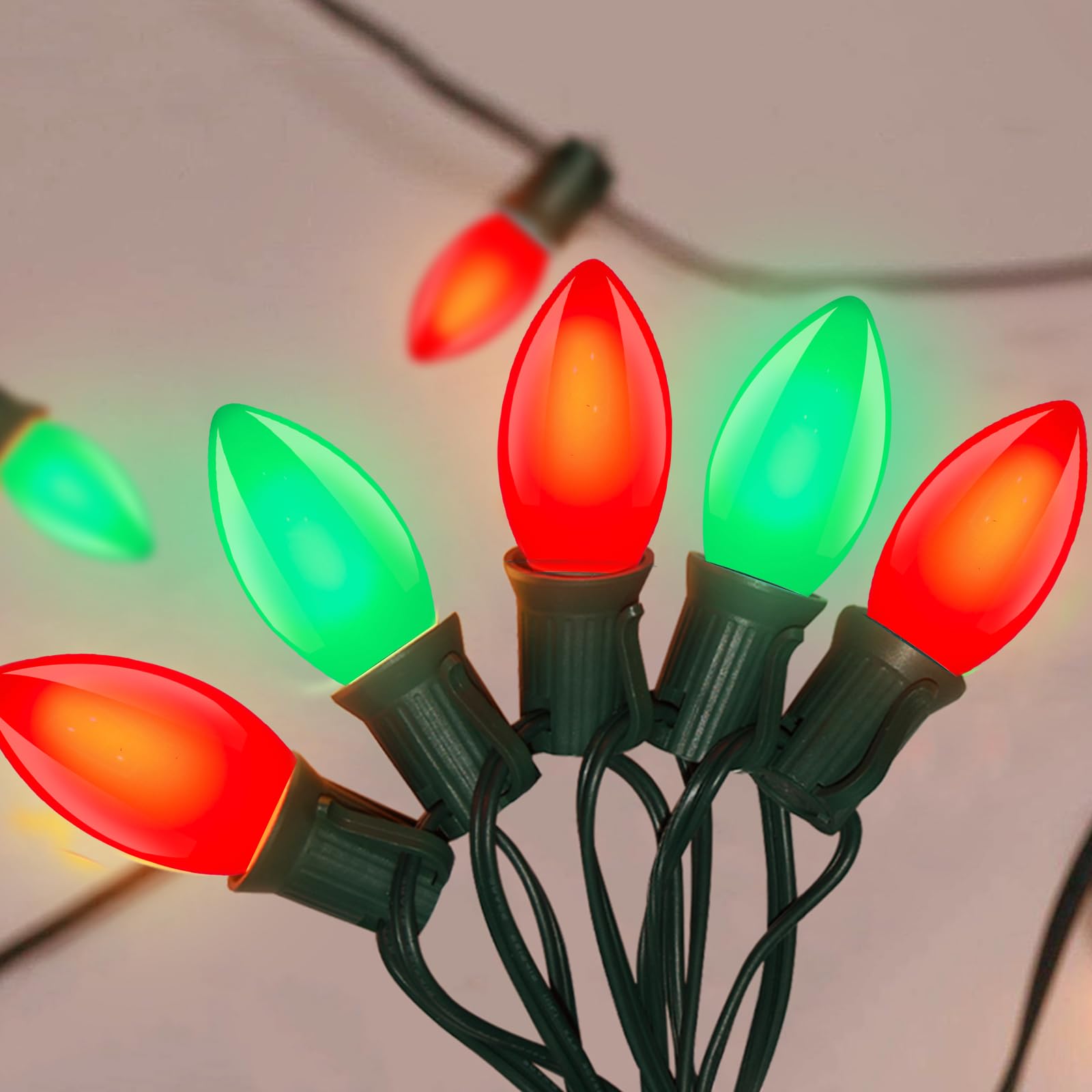25Ft C9 LED Christmas Lights Outdoor, C9 Red and Green Christmas String Lights with 26 LED Shatterproof Bulb, Hanging Vintage Ch