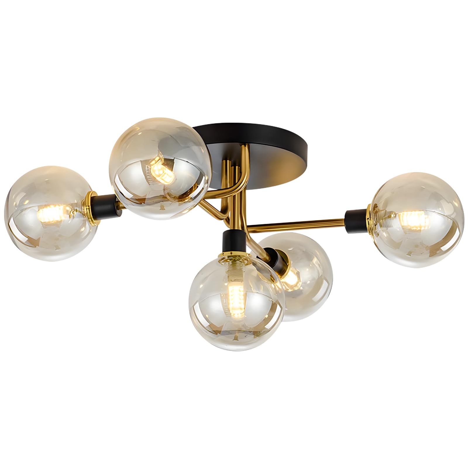 KCO Lighting 5-Light Mid-Century Modern Glass Globe Semi Flush Mount Ceiling Light Black and Gold Brush Metal Sputnik Chandelier