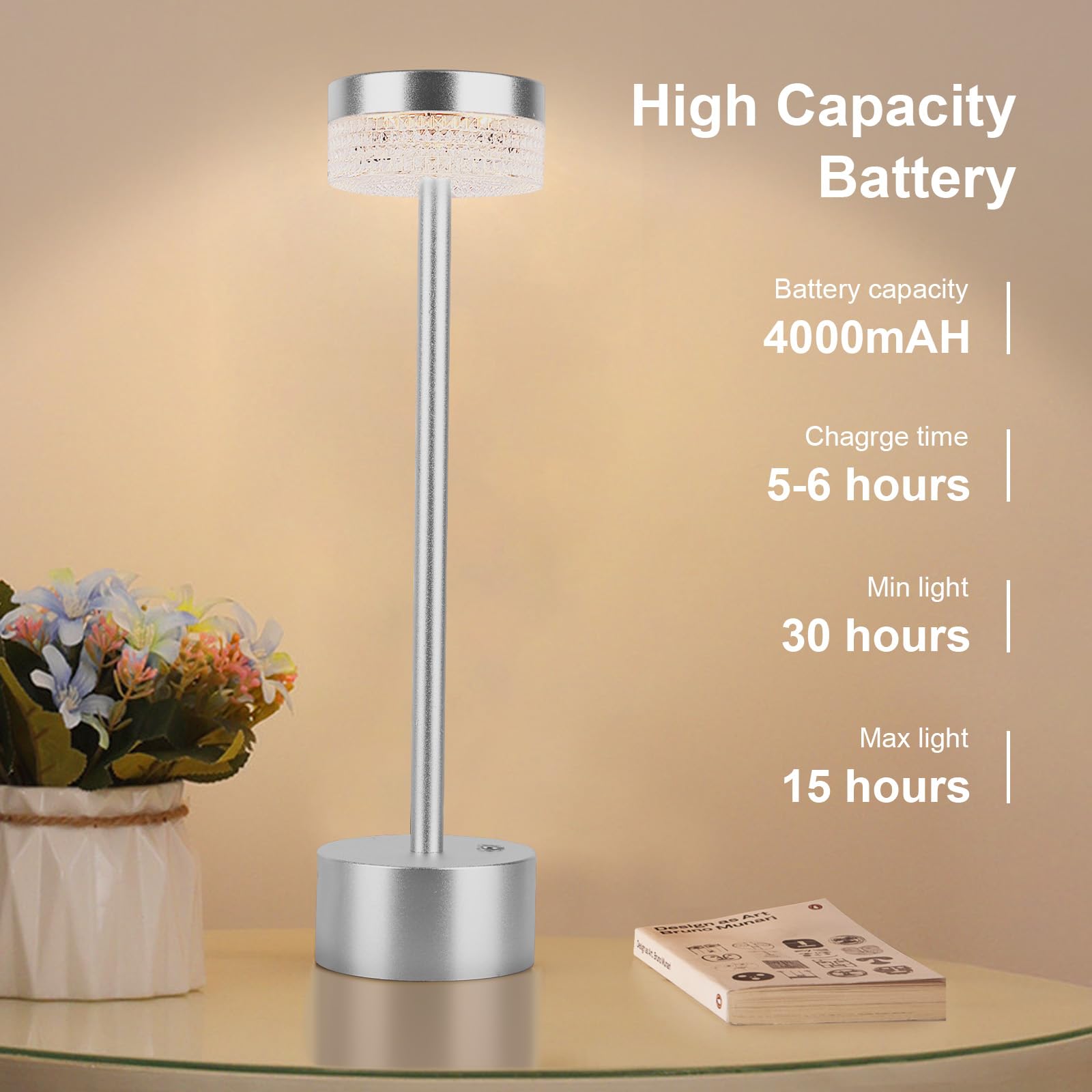 KIANDQU Cordless Modern Table Lamp, Rechargeable Battery Powered Desk Lamp, 3 Color Stepless Dimmable Led Table Lamp with USB Po