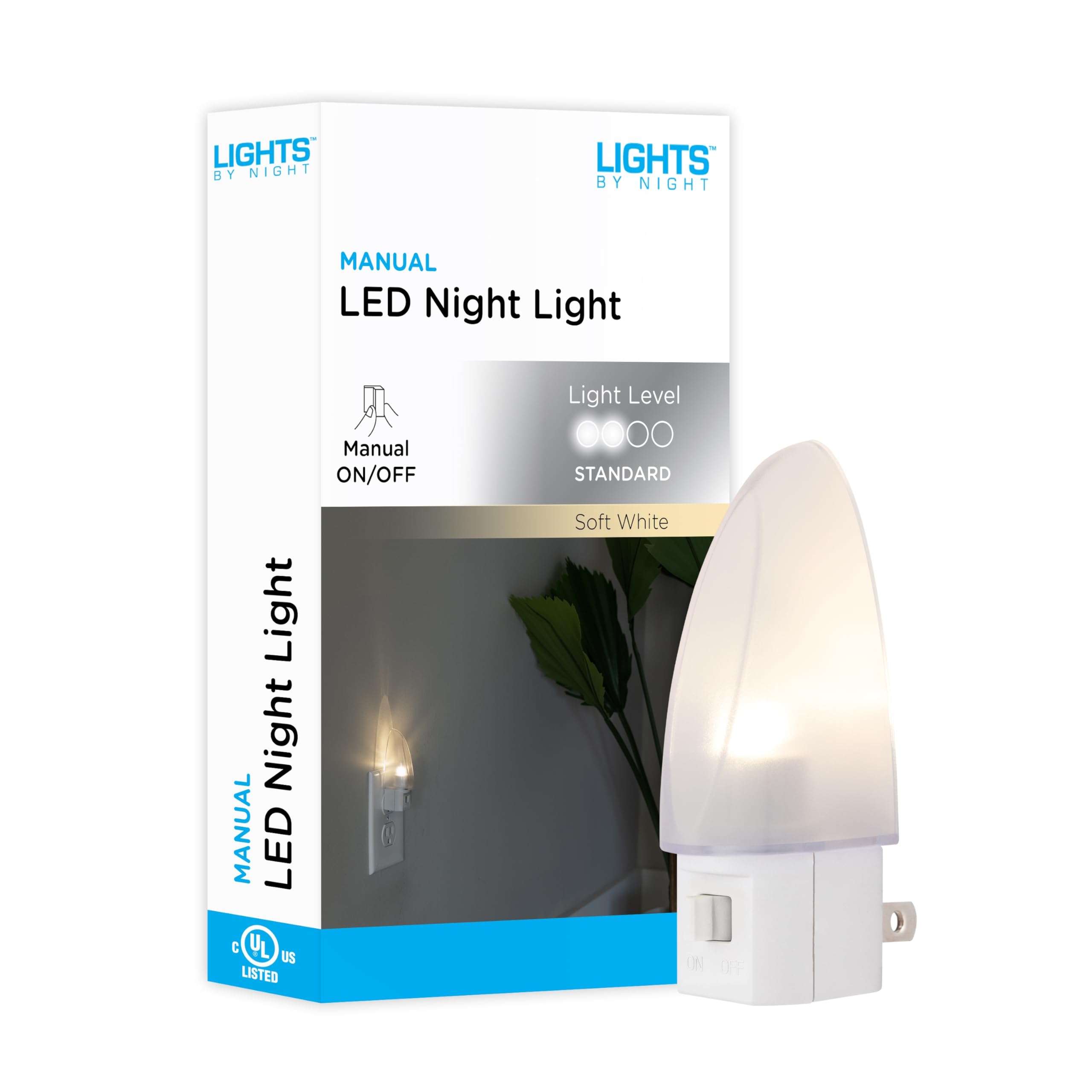 Lights by Night LED Night Light, Plug-in, Manual on/off , Warm White, UL-Certified, Energy Efficient, Ideal Nightlight for Bedro