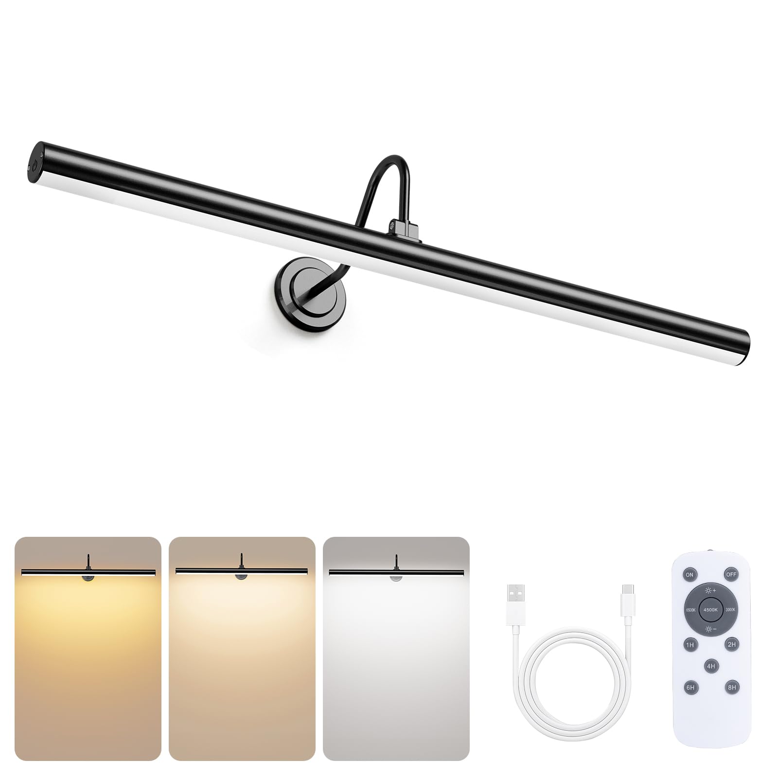 Bridika 23.6in Battery Operated Picture Light with Remote, 3 Color Modes and Dimmable Wireless Rechargeable Wall Light for Paint