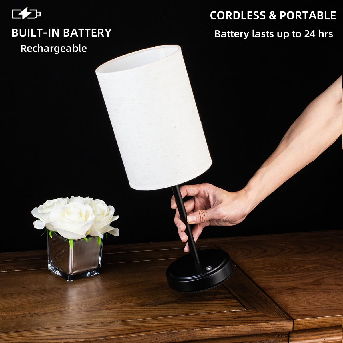 Lhyuetong Portable Led Desk Lamp, Cordless Bedside Touch Night Light, Built-In Rechargeable Battery, 3-Level Brightness Adjustme
