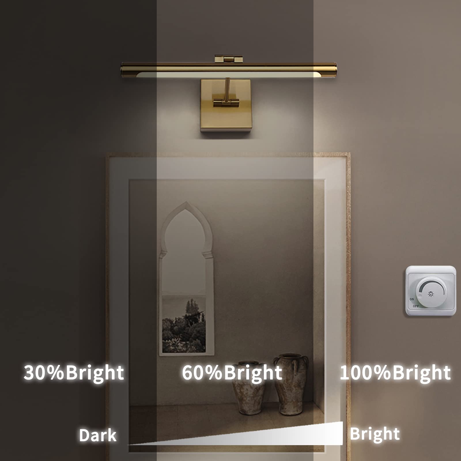 Joosenhouse LED Picture Light - 16.54" Dimmable Metal Lamp, Brass Finish, Hardwired, 9W (50W Eqv.), Modern Artwork Fixture