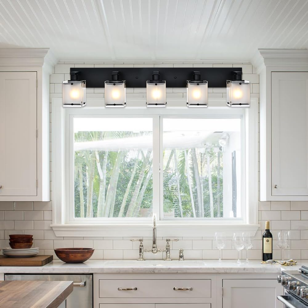 WINSHEN Bathroom Light Fixtures, 5-Lights Modern Vanity Lights, Matte Black, Rectangular Frosted Glass, Model 5WBL-XOTFZO