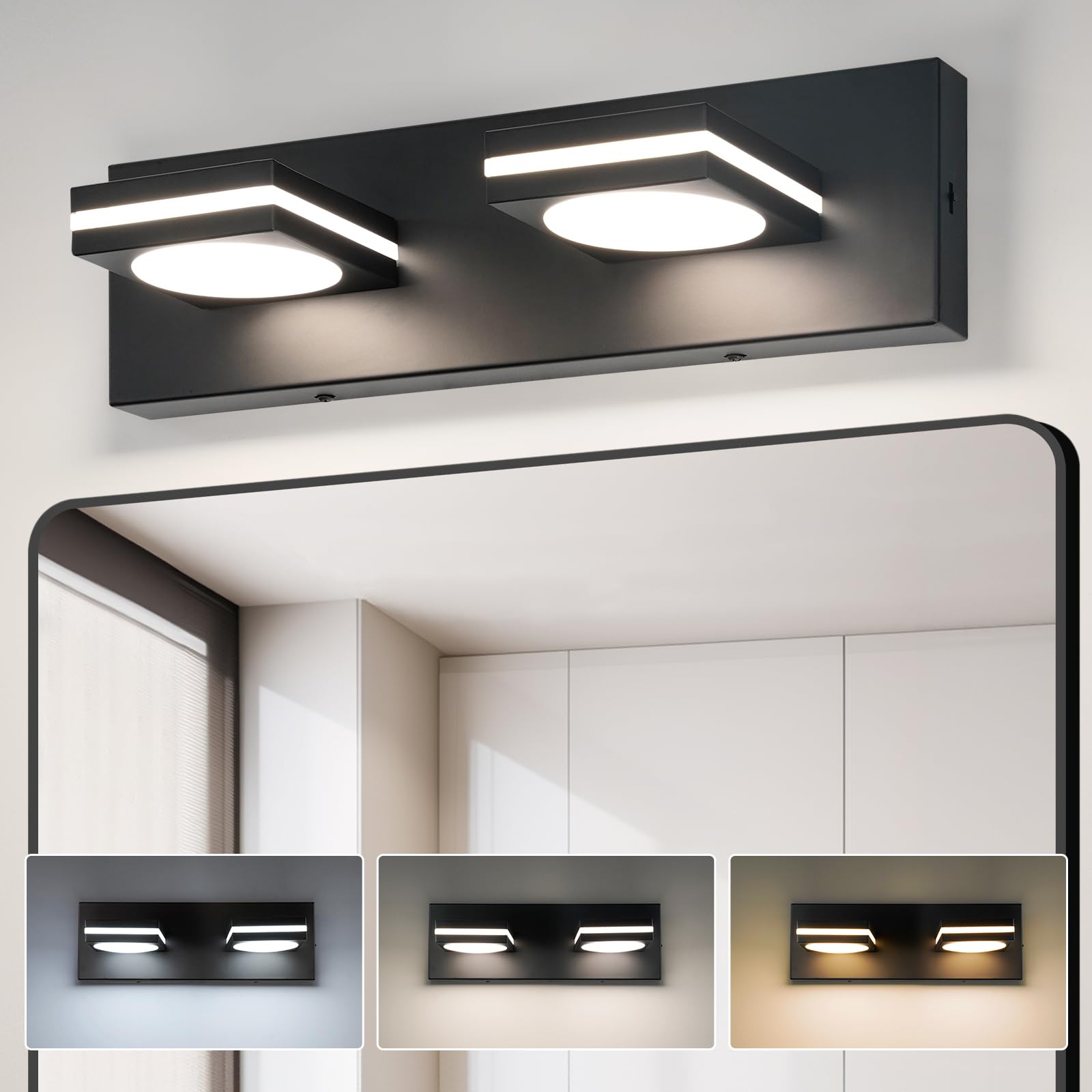 Okeli 2-Light Led Bathroom Vanity Light Fixtures  Matte Black Modern Bathroom Wall Lighting Fixtures Over Mirror (3Cct  3000K-6000K)