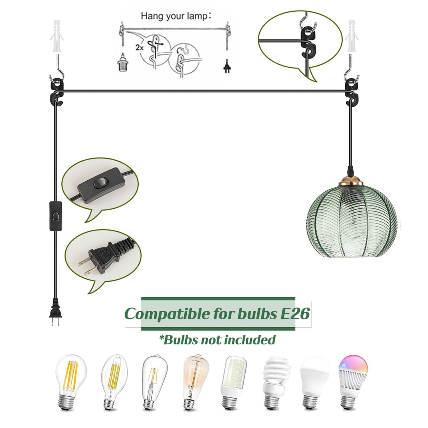 Aoodu Plug In Pendant Light, Green Glass Pendant Light 14.75Ft Hanging Light With Plug In Cord Hand Blown 1-Light Hanging Lamp P