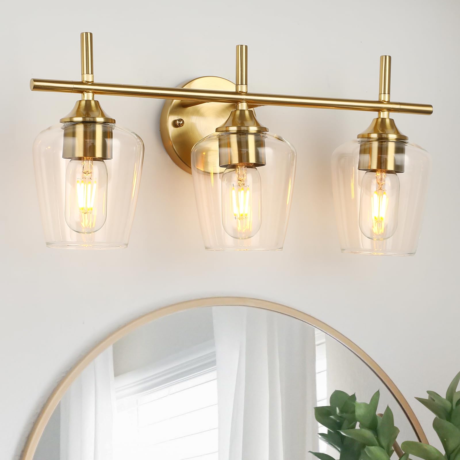 foucasal 3-Light Bathroom Vanity Light Fixture, Brushed Brass with Clear Glass Shade, Modern Wall Sconce for Bedroom Kitchen Hallway
