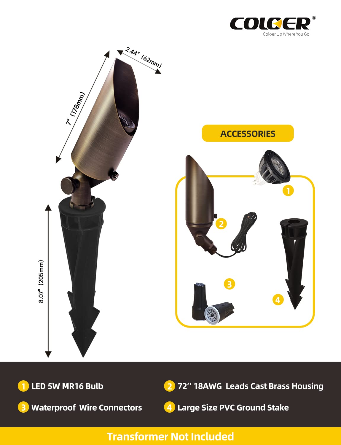 Coloer Brass Landscape Spotlights,12 Pack Spotlight Fixture Outdoor With 5W Aluminum Housing Mr16 Led Bulb 2700K 450Lm,12V Ac/Dc Low Voltage Landscape Lighting, Uplight For Garden And Patio(103B)