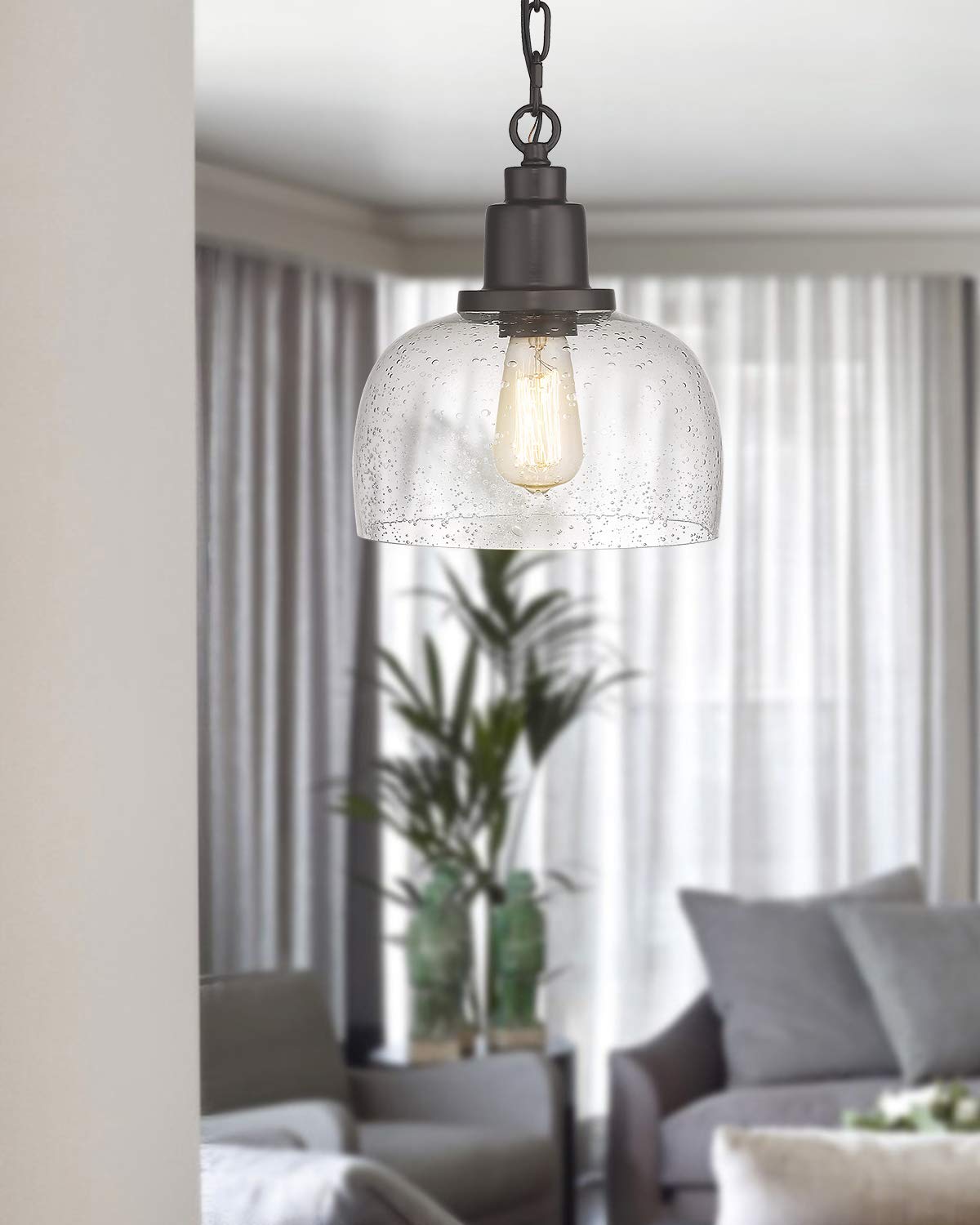 Eapudun Modern Farmhouse Pendant Light, 1-Light Industrial Hanging Light Fixture, Oil Rubbed Bronze Finish With 9.3-Inch Seeded Glass Shade, Pda1127-Orb