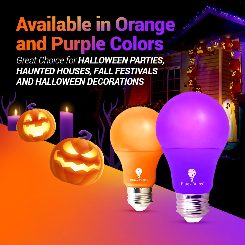 Bluex Bulbs A19 LED Light Bulb 9W (60W Equivalent) 6 Pack Orange Purple, E26 Base, Party Decoration, Home Lighting