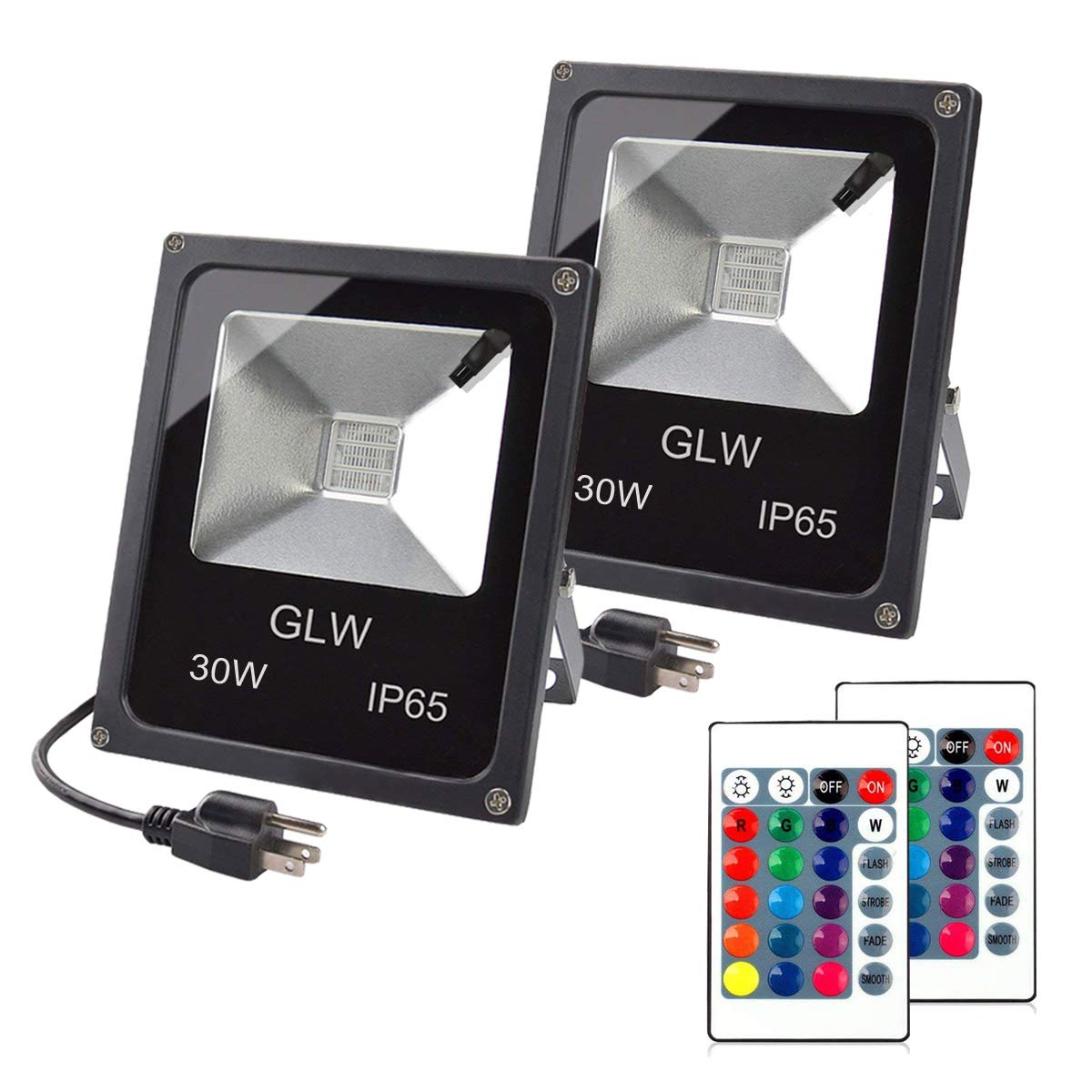GLW 30W RGB LED Flood Light Remote Control Outdoor Landscape Lighting IP65 Waterproof 16 Colors Changing 4 Mode Security Light for Garden Lawn Yard (2 Pack)