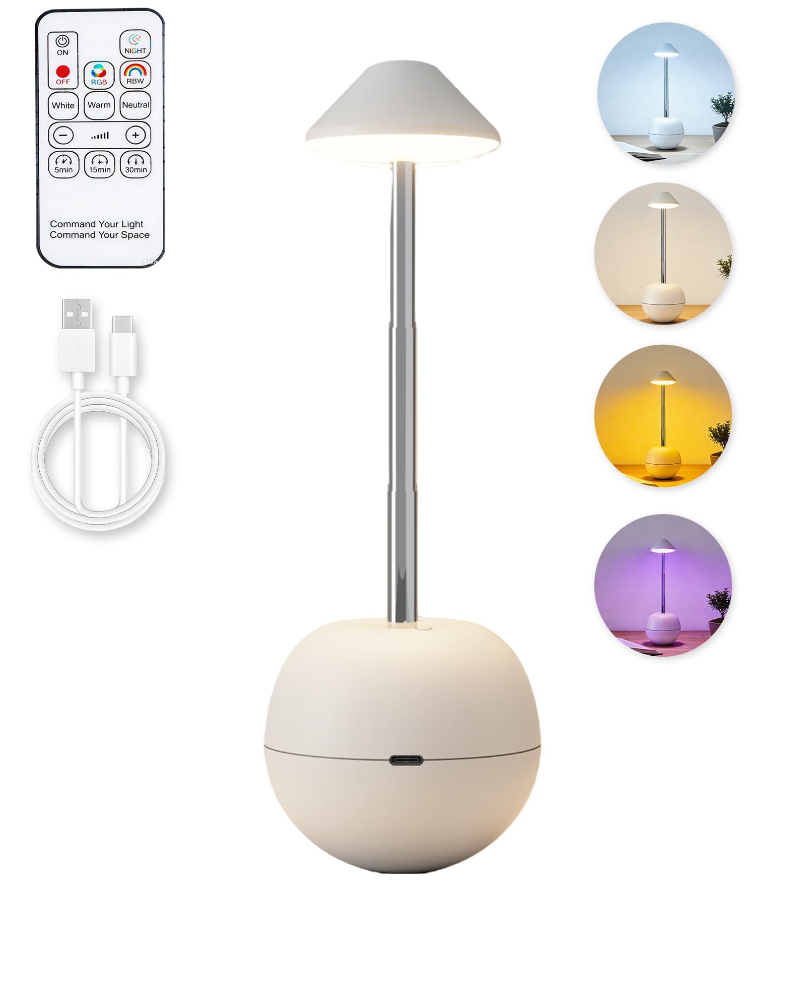 Small Touch Lamp with Remote, Tumbler Design Cordless Table Lamp, USB Rechargeable Bedside Night Light, Dimmable Mushroom Lamp f