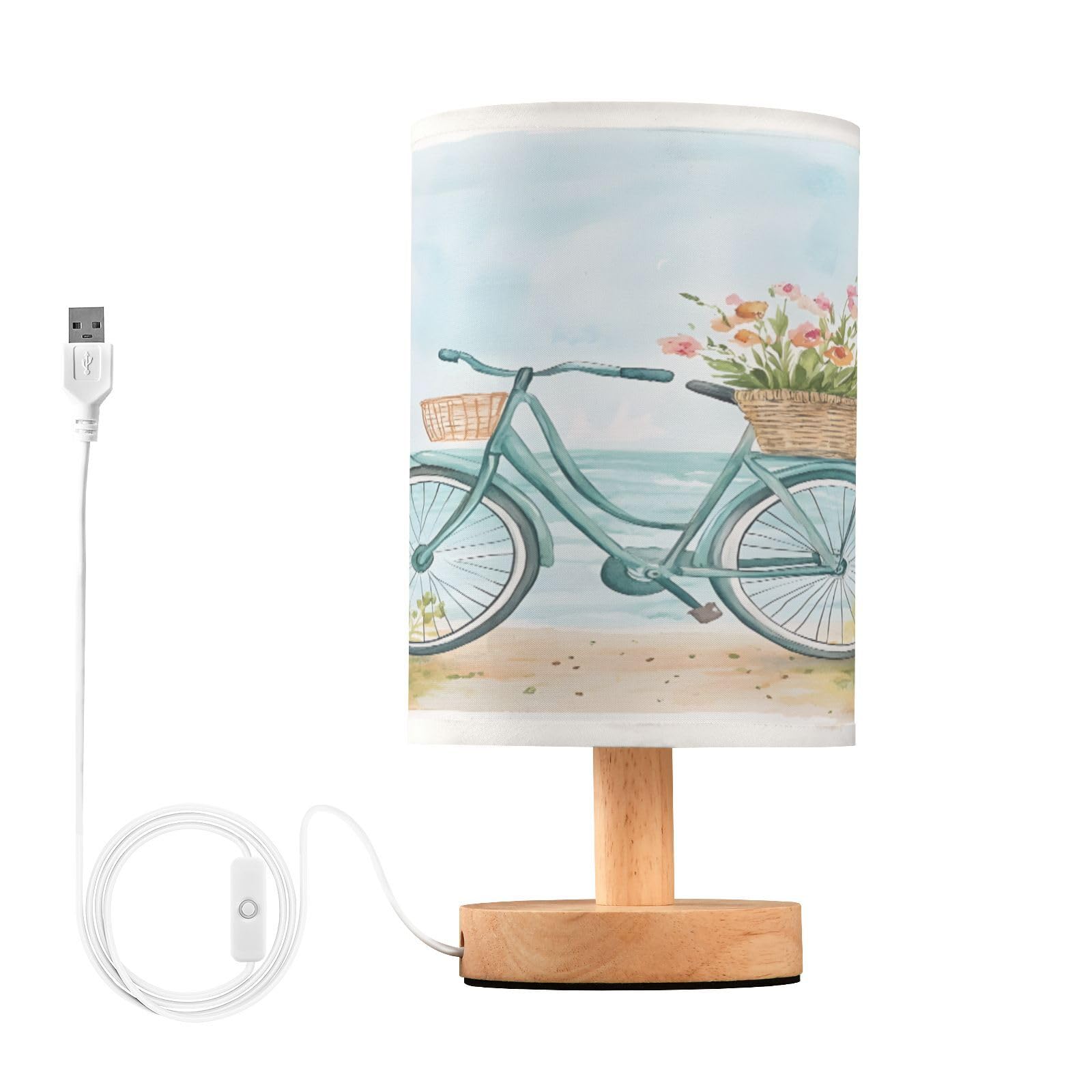 BOENLE Bedside Lamp Bike Bicycle Flower Coast Table Lamp for Bedroom LED Nightstand Lamp Shade USB Ports Wood Base for Living Ro