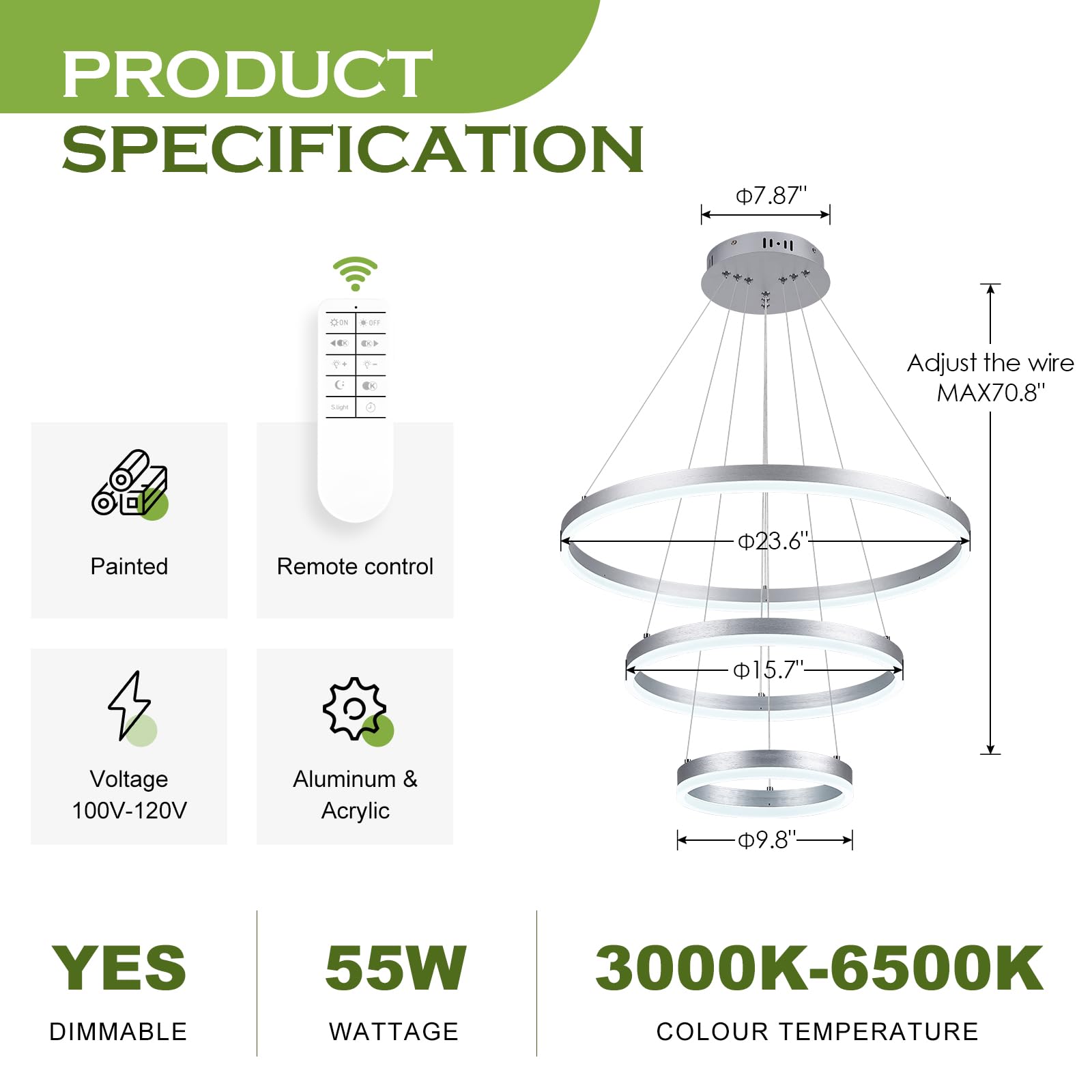 Benkut 3-Rings D23.6 Modern Led Chandelier Silver Dimmable Pendant Lighting With Remote Control Circular Flush Mount High Ceiling Light For Dining Room Living Room Bedroom Entrance Foyer, 3000K-6500K