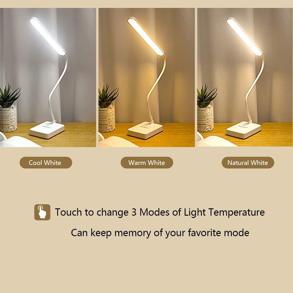 MAYTHANK Cordless Desk Lamp Rechargeable Battery 2200m, Touch 3 LED Modes, Gooseneck, ABS White, Model MTDL01-W, 17.7in