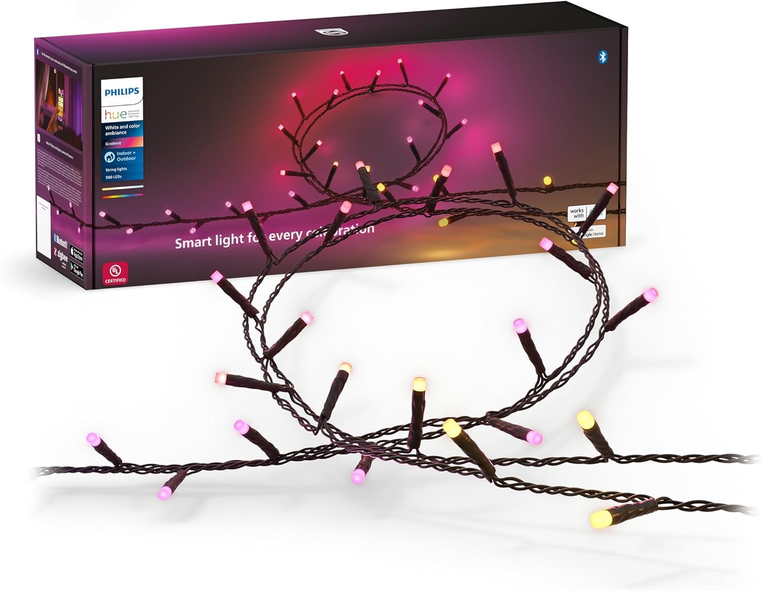 Philips Hue Indoor/Outdoor Holiday 130-Foot Festavia String Lights - 500 Mini Color Changing Smart LEDs - Weatherproof - Control