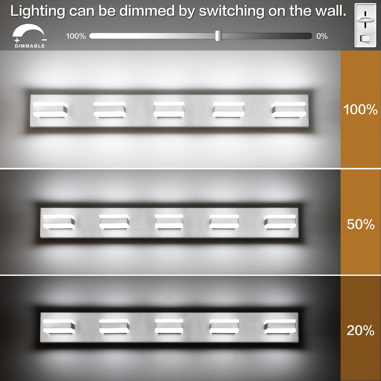 SOLFART 5-Light Bathroom Vanity Light Fixture, Brushed Nickel, 37.4 inch, Aluminum, Model S8568-5T-6000K-Nickel