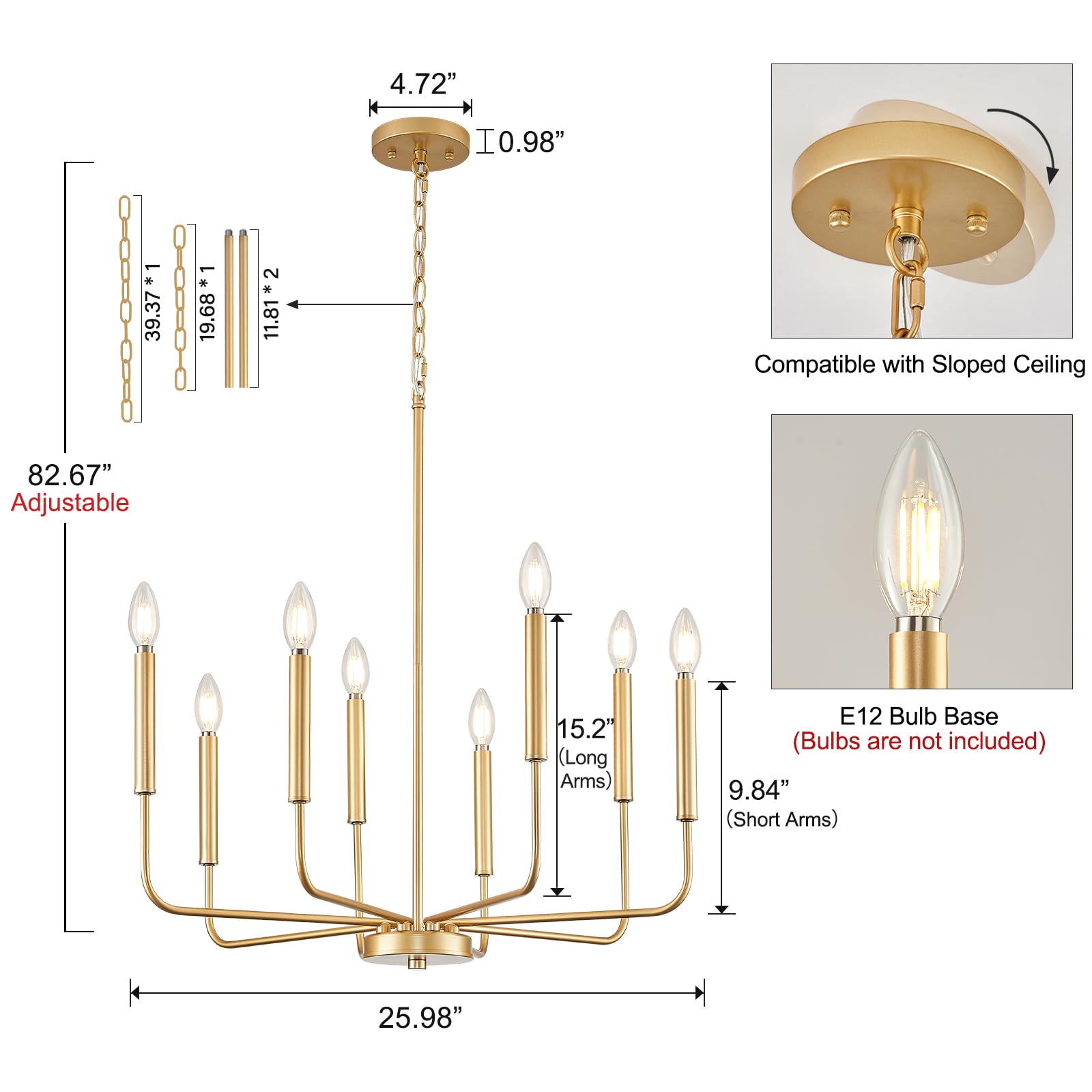 ONESMING Modern Gold Chandelier - 8-Light Metal Pendant Light Fixture for Dining Room, Living Room, Entryway (Bulbs Not Included)