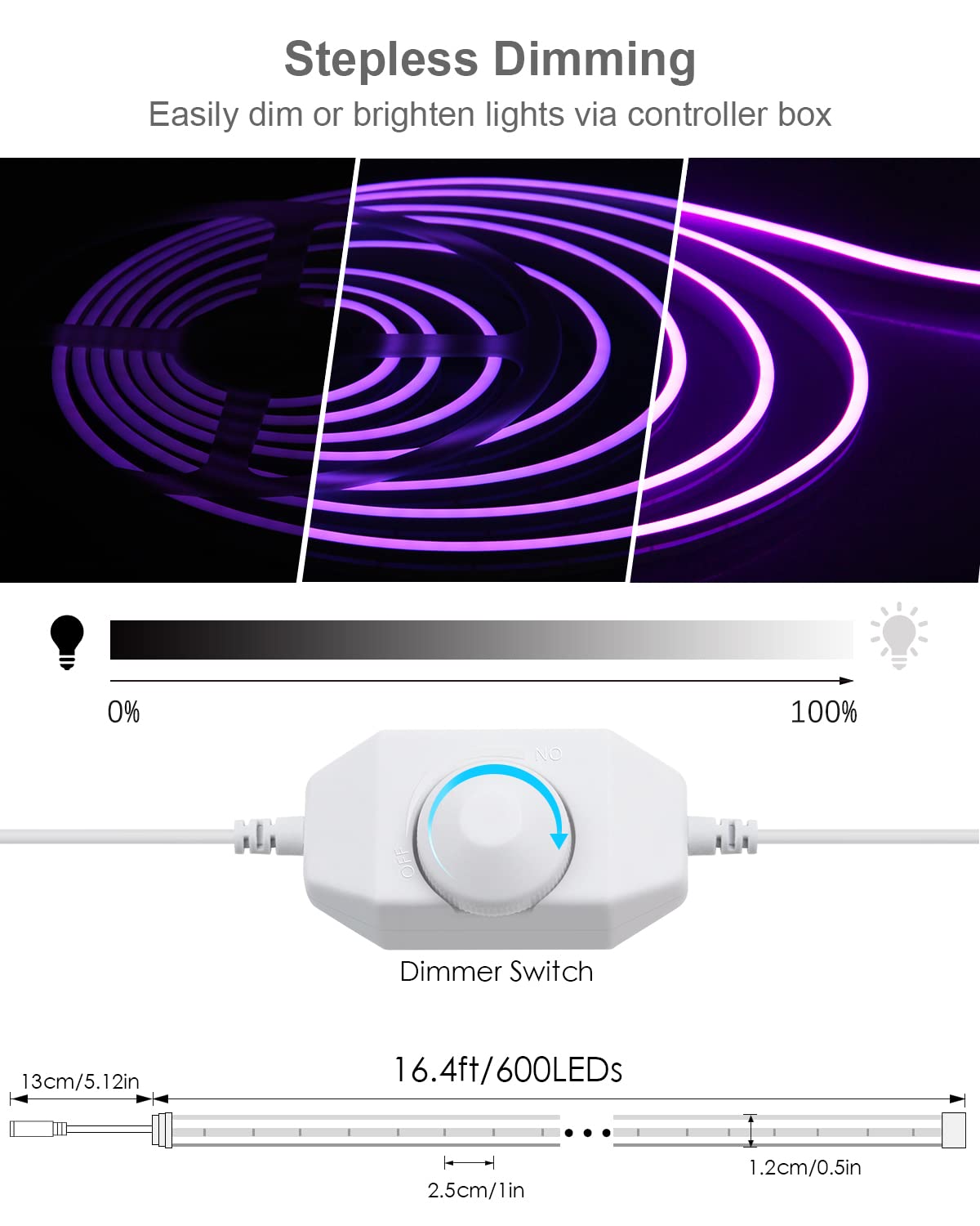 Alitove Neon Led Rope Light 16.4Ft, Purple Silicone, Dimmable, Diy Accessories, Waterproof, Model: 5M-Neon-Pu-Kit