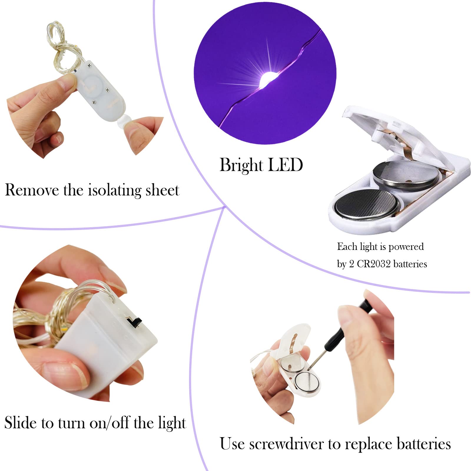 Smilingtown Purple Fairy String Lights 24 Pack, 20 Led, 7.2Ft Copper Wire, Battery Powered