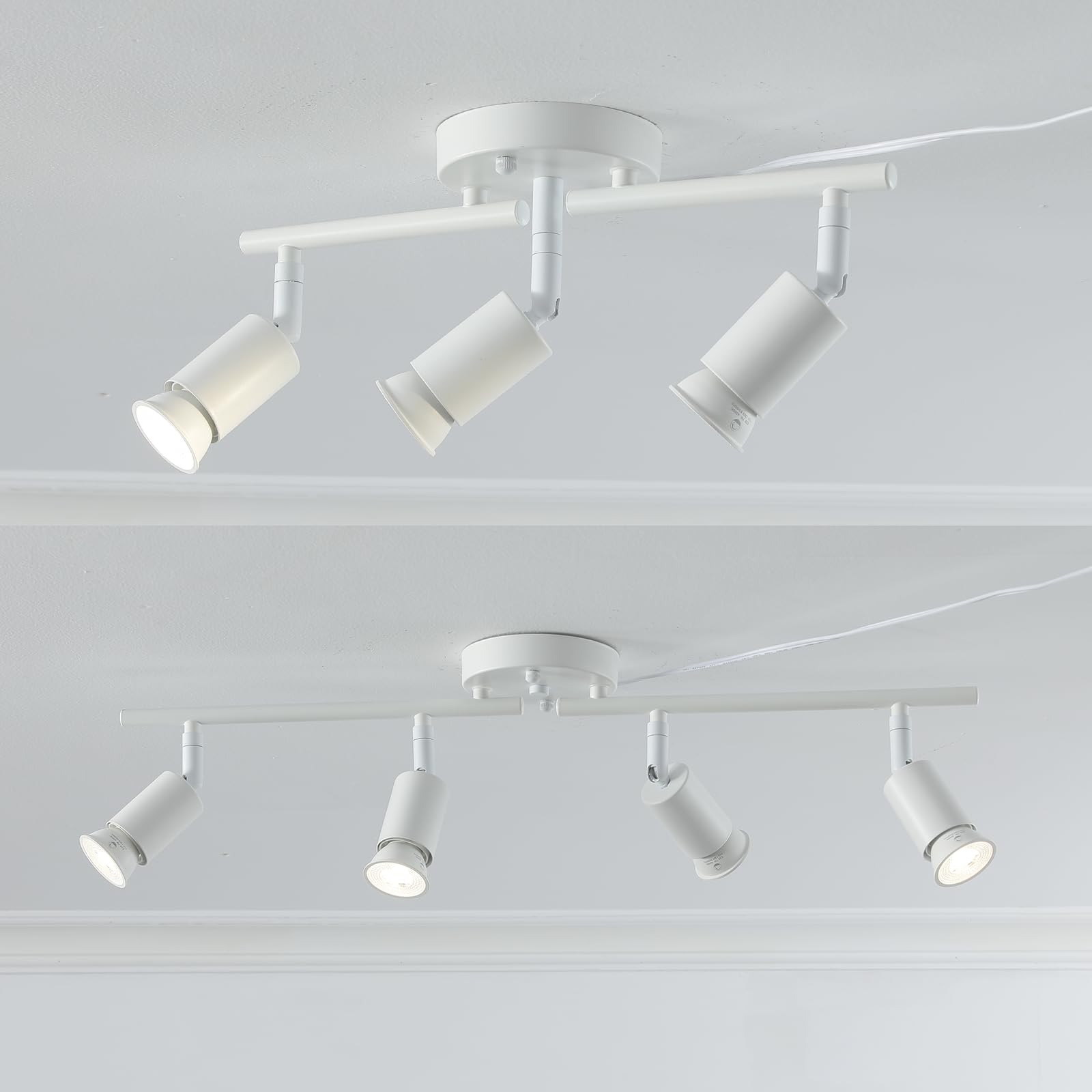 Vivihobb Dimmable Plug In Track Light White 3 Light Plug In Ceiling Lighting Fixture With 16.4 Long Cord 4 Way Ceiling Spotlight Rotatable Wall Mount Light Head Led Dimmable Spot Bulbs Included