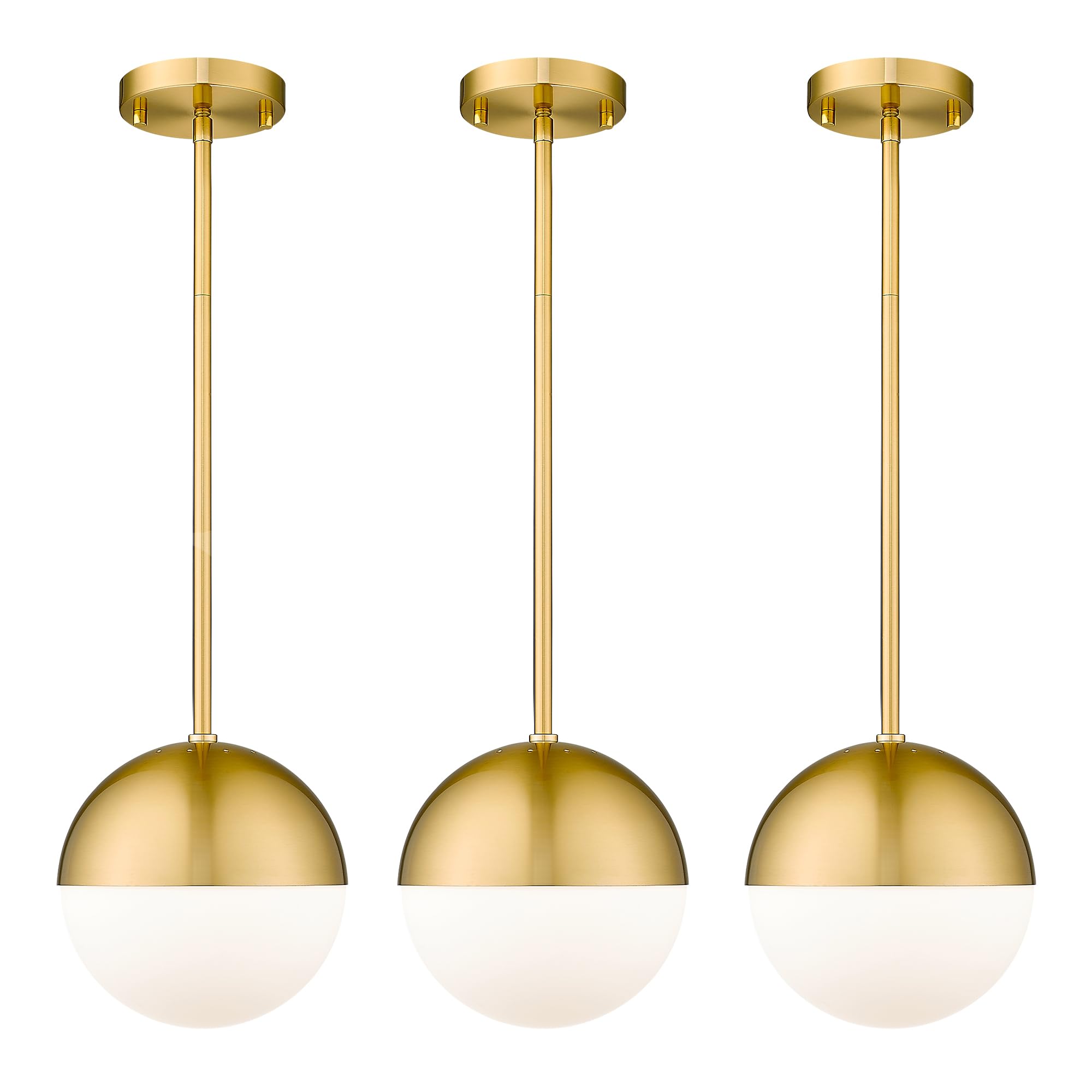 LMS 8 Inch Mid Century Pendant Lights  Brushed Gold Kitchen Island Light Fixtures with White Globe Glass Shade  Adjustable Hanging Rod  3-Pack for Home Office Dining Room Bathroom  LMS-186BG3PK