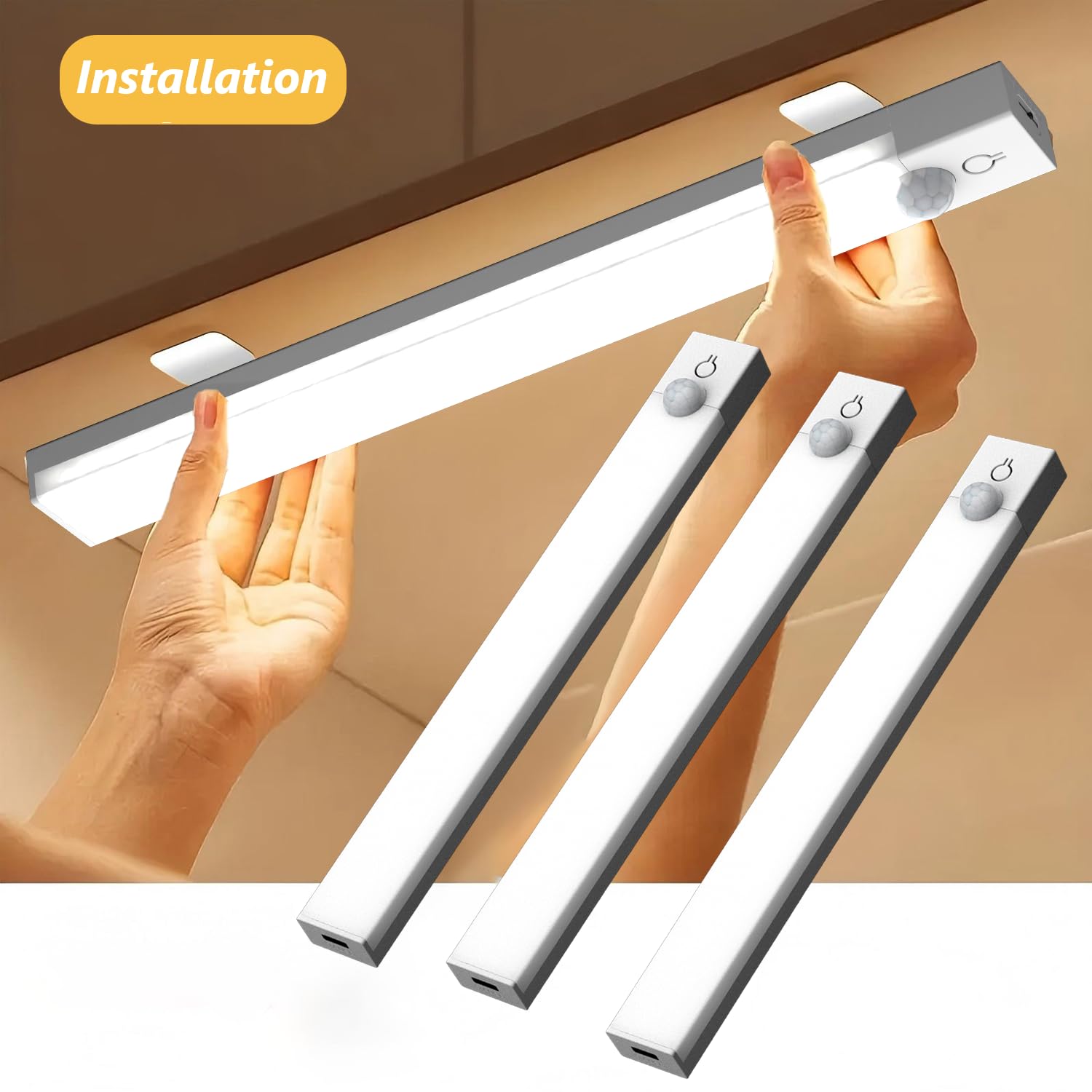 Rihvy Under Cabinet Lighting 4 Inches Rechargeable Motion Sensor Light Indoor, 3 Color Dimmable Closet Light Battery Operated, U