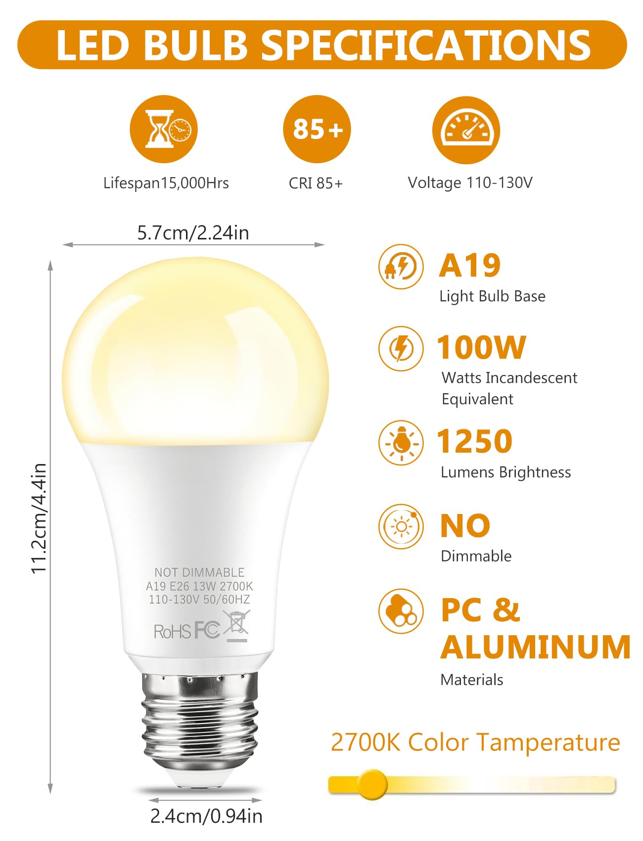 Btbhiho 6-Pack A19 Led Light Bulbs 100W Equivalent 1250 Lumens, 13W 2700K Cool White Non-Dimmable, No Flicker, Super Bright Cri8