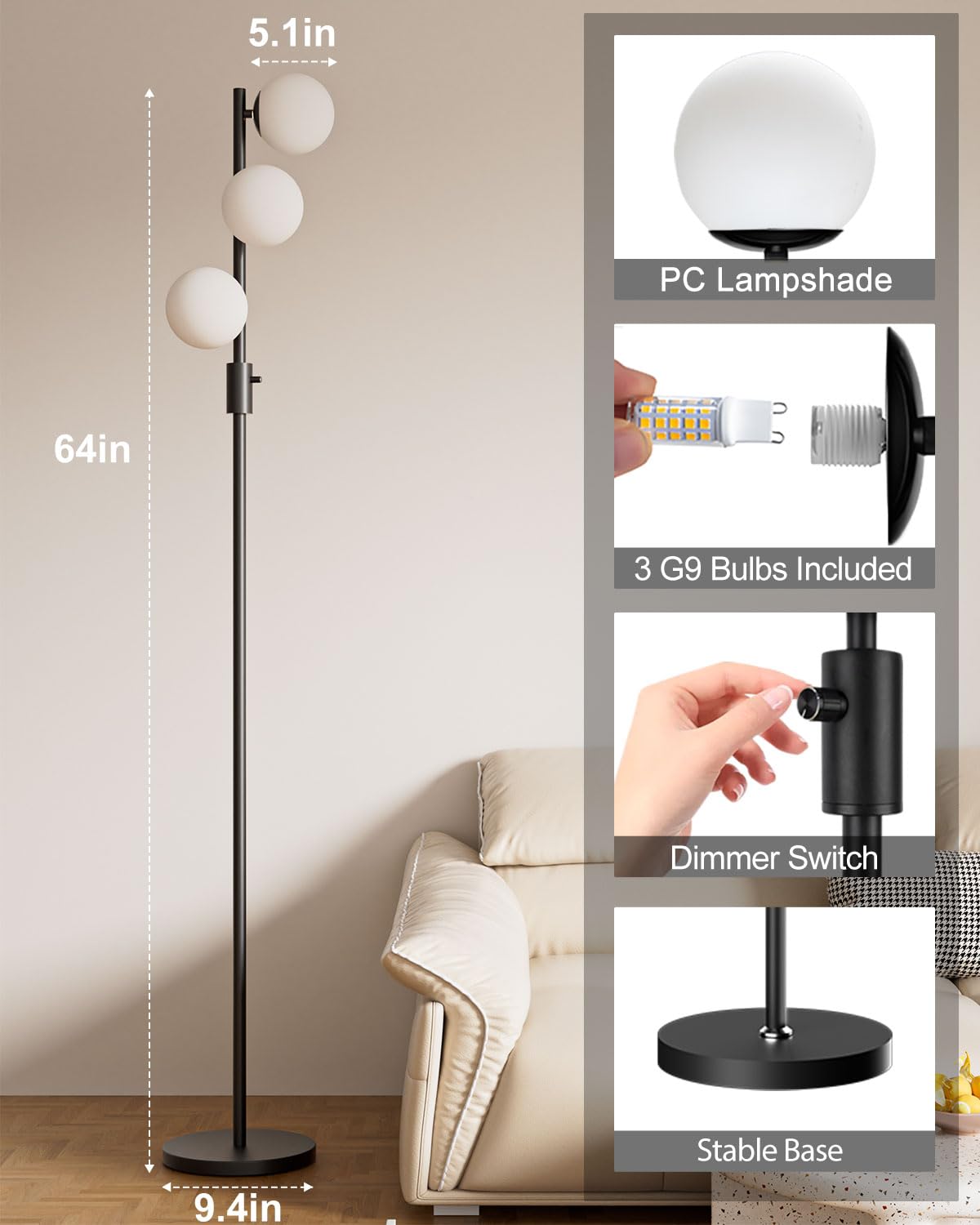 Lightdot Dimmable Globe Floor Lamp - 3PCS 3000K G9 Bulbs, Black Metal, Mid Century Modern Design, Suitable for Living Room & Office