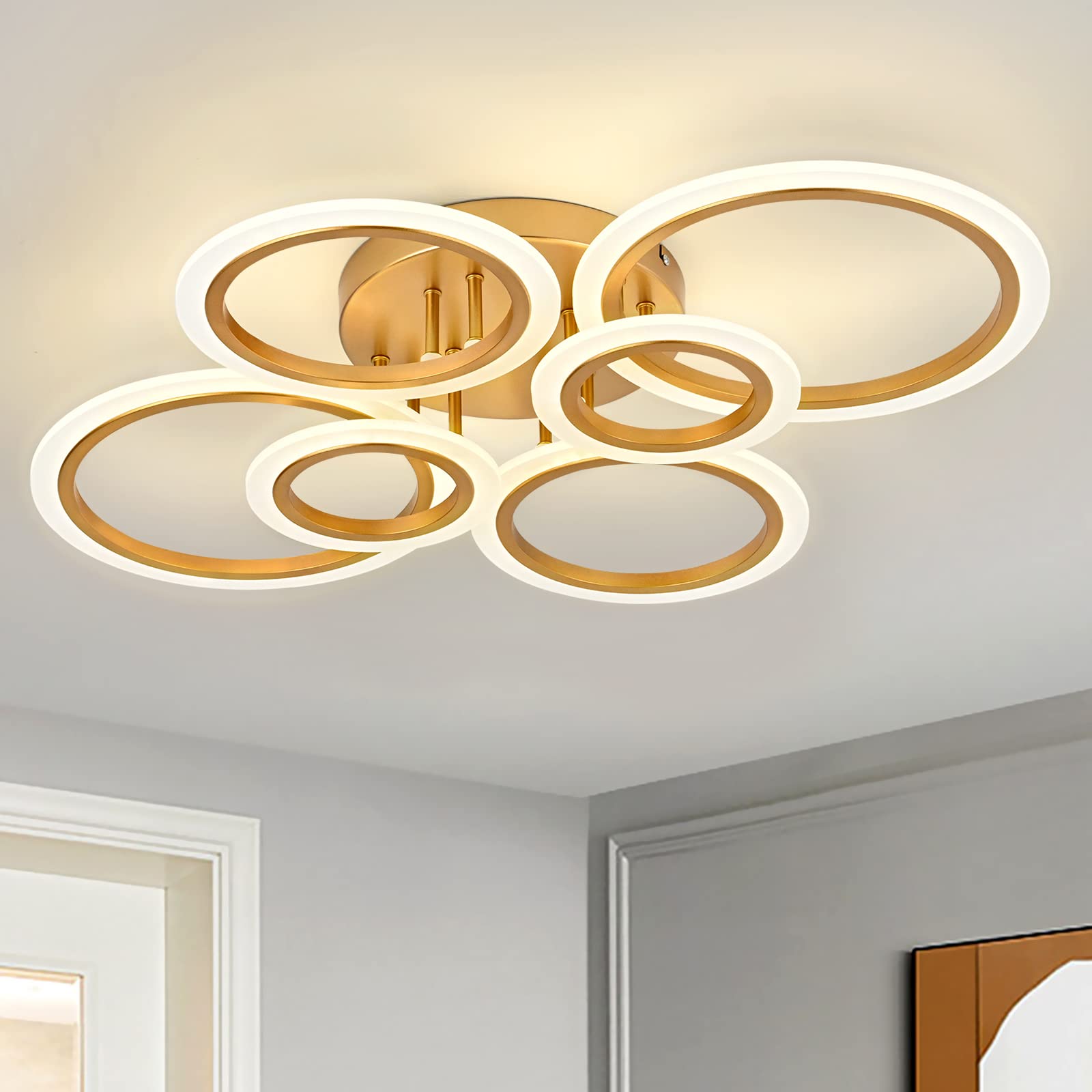Vikaey Modern Led Flush Mount Ceiling Light, 6 Rings Gold Close To Ceiling Light, Lighting Fixture Ceiling Lamp For Kitchen, Living Room, Bedroom, Laundry Room, 4000K Not Dimmable