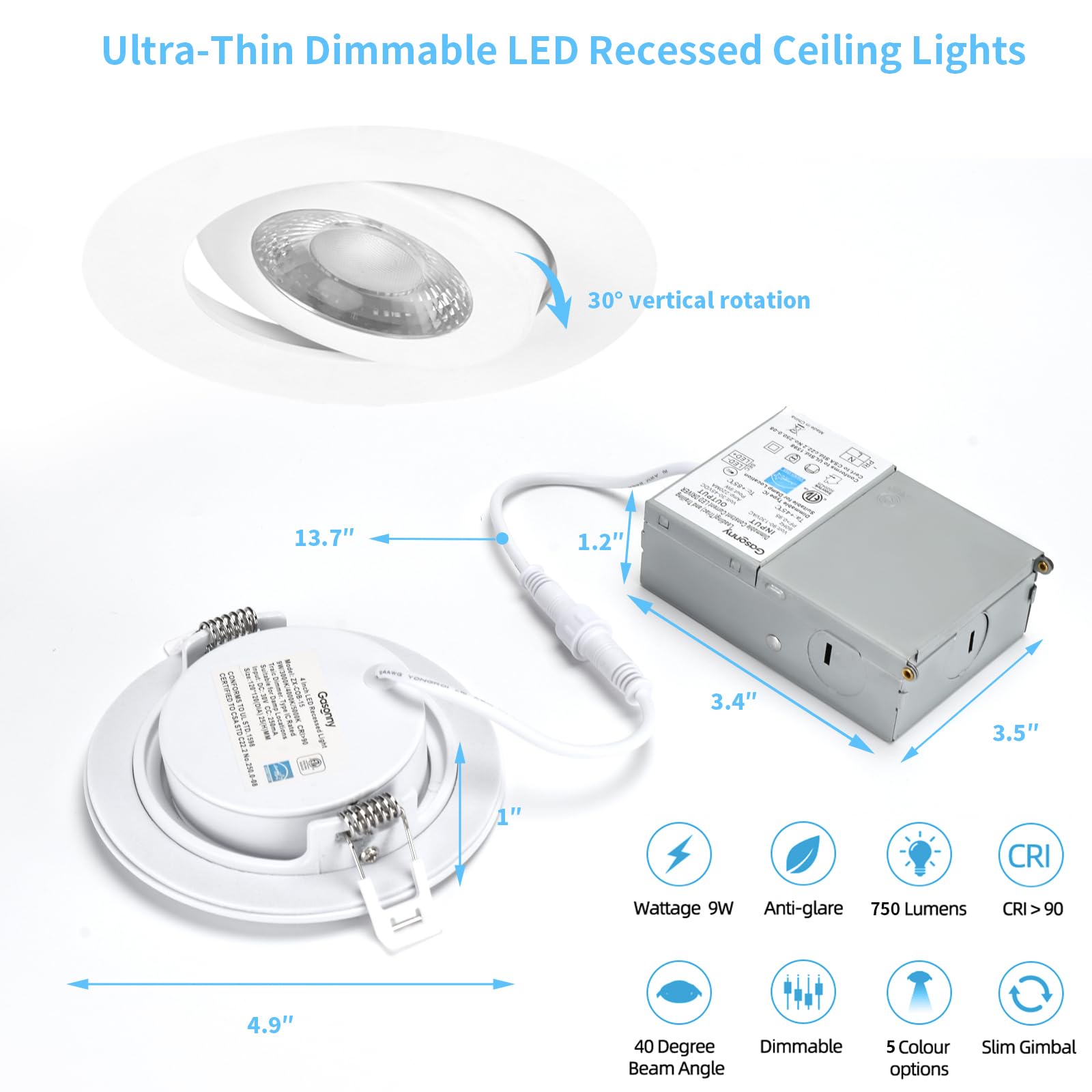 4 Inch Led Recessed Lights Ultra-Thin Adjustable Eyeball Gimbal Led Recessed Lighting With Junction Box 9 Watts 750Lm Dimmable Ceiling Light Etl Listed (2700K/3000K/3500K/4000K/5000K Option 12Pack)