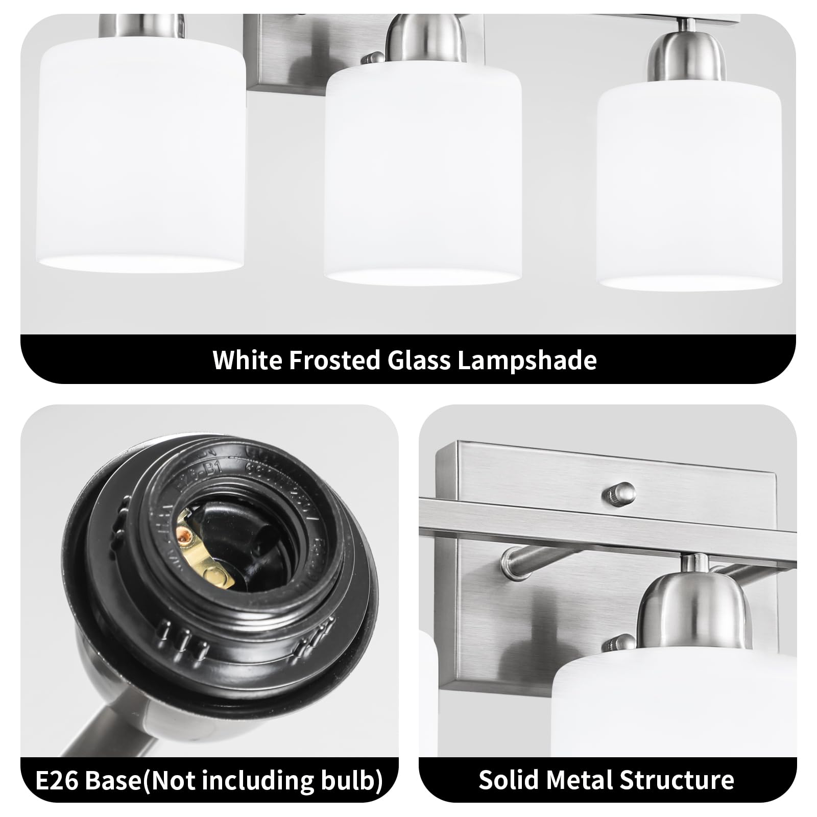 Faishilan 3-Light Brushed Nickel Vanity Light With Frosted Glass For Bathroom & Living Room